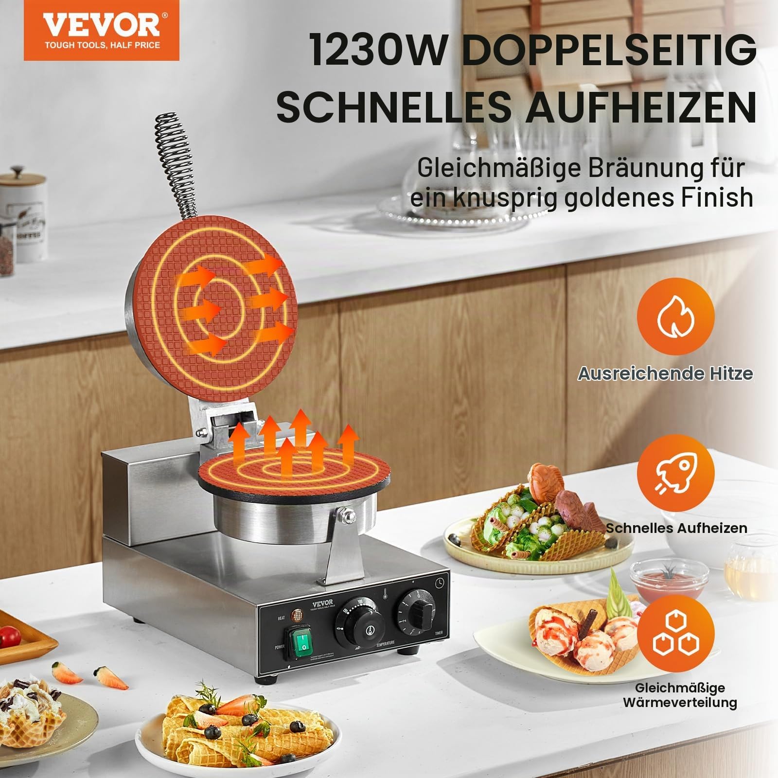 VEVOR elektrische Eistütenmaschine kommerzielle Waffeltütenmaschine 1230 W, antihaftbeschichtete Frühlingsrollenform, mit Temperatur- und Zeitregelung, Griff, für Restaurant Bäckerei Snackbar Familie