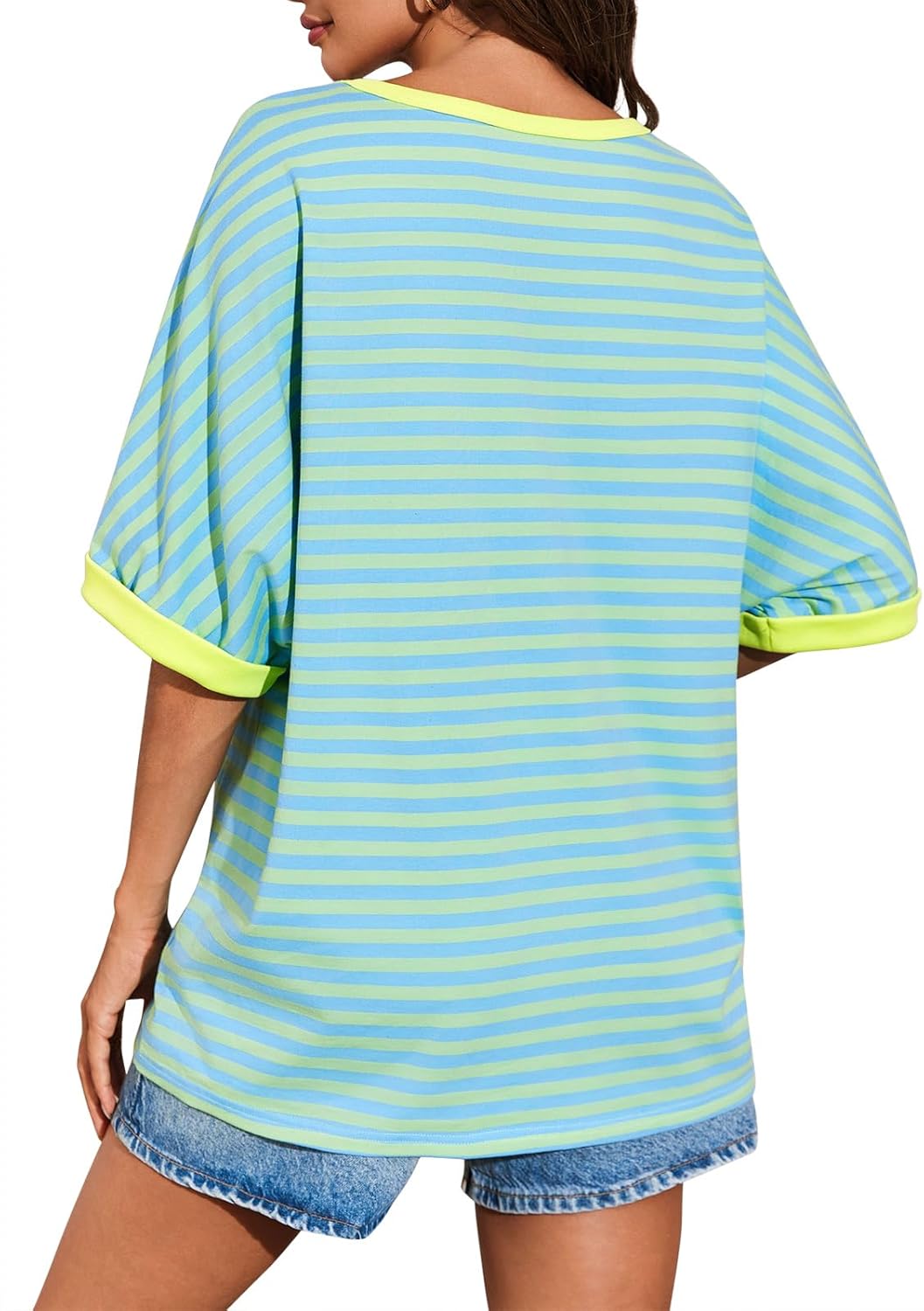 Tankaneo Womens Oversized Striped Tee Shirt Summer Casual Color Block Half Sleeve Crew Neck Tunic Tops - Image 4