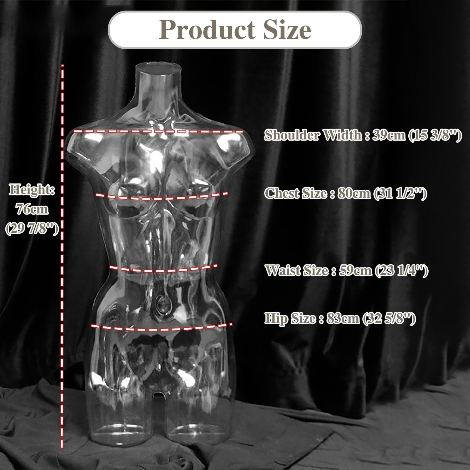 Maniquí de torso femenino de plástico transparente, forma rígida de medio cuerpo para exhibición de ropa con perchero