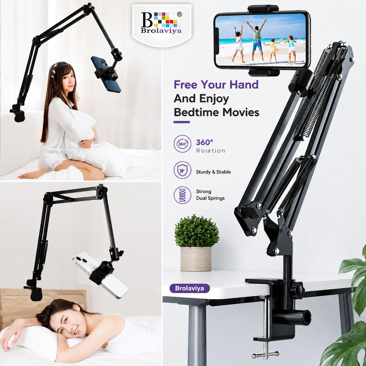 BROLAVIYA Overhead Video Mobile and Tablet Stand, New Extra Long Arm, 1/4" Head 2 Way Base clamp, and Brackets for Mobile Phone and Tablet, for Overhead Video, Desktop, Bedroom, Office, Black 3