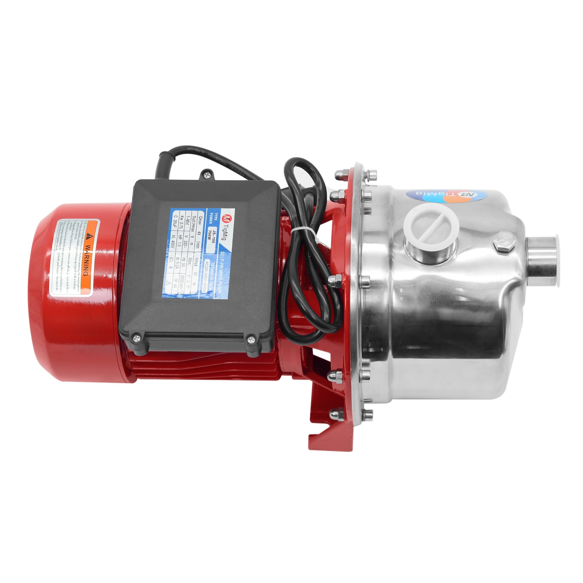 TigMig Pompa Autoadescante per Acque Chiare 750W (1 HP), 4,13 Bar, Portata 3000 l/h, Prevalenza Max 51 metri, Altezza Max Aspirazione 9 metri, Protezione IP44, Elettropompa da Giardino, TM JS-100