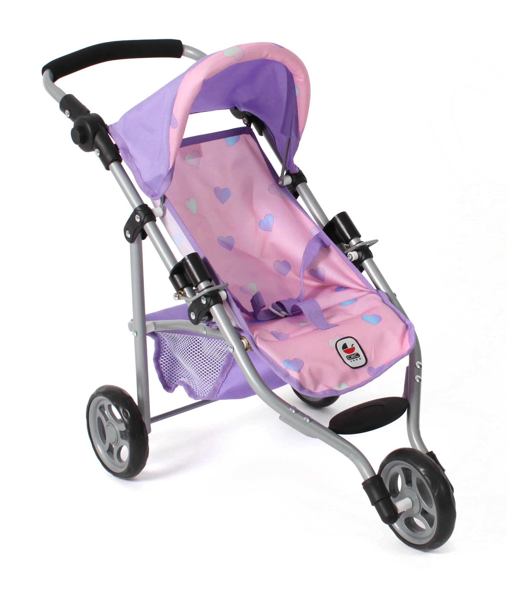Bayer Chic 2000 Puppenjogger Lola | Sportlicher 3-Rad Buggy Herzchen Lila | Sportlicher 3-Rad-Puppenjogger mit Sonnendach für Puppen bis 50 cm. Herzchen lila, wendig & robust. Zauberhaftes Design.