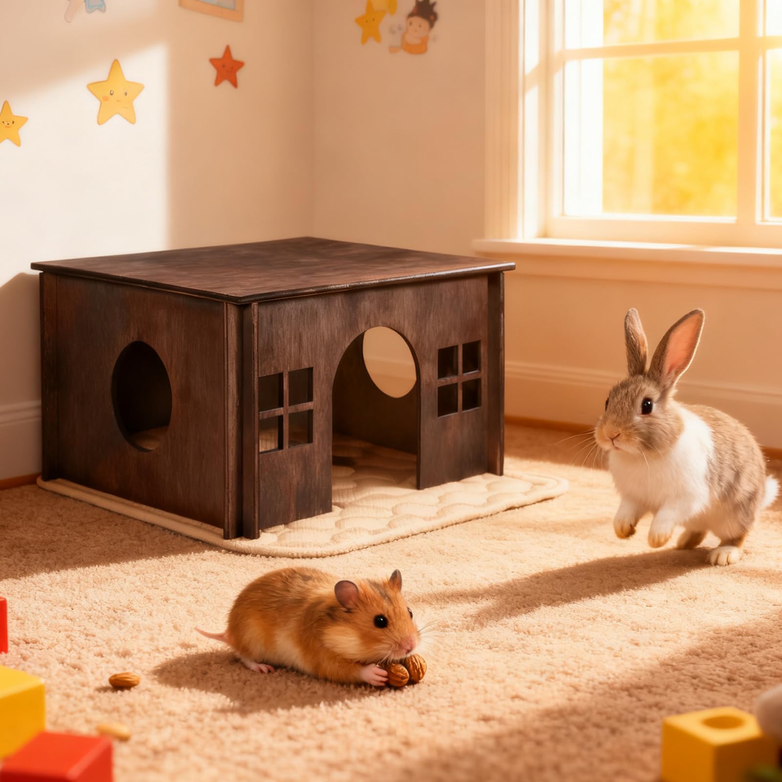 Maison pour Petits Animaux, Cabane en Bois Naturel avec Coussin pour Cochon d'Inde, Lapin Nain et Petits Rongeurs - Maisonnette, Cachette, Nid et Abri pour Petits Animaux d'Intérieur