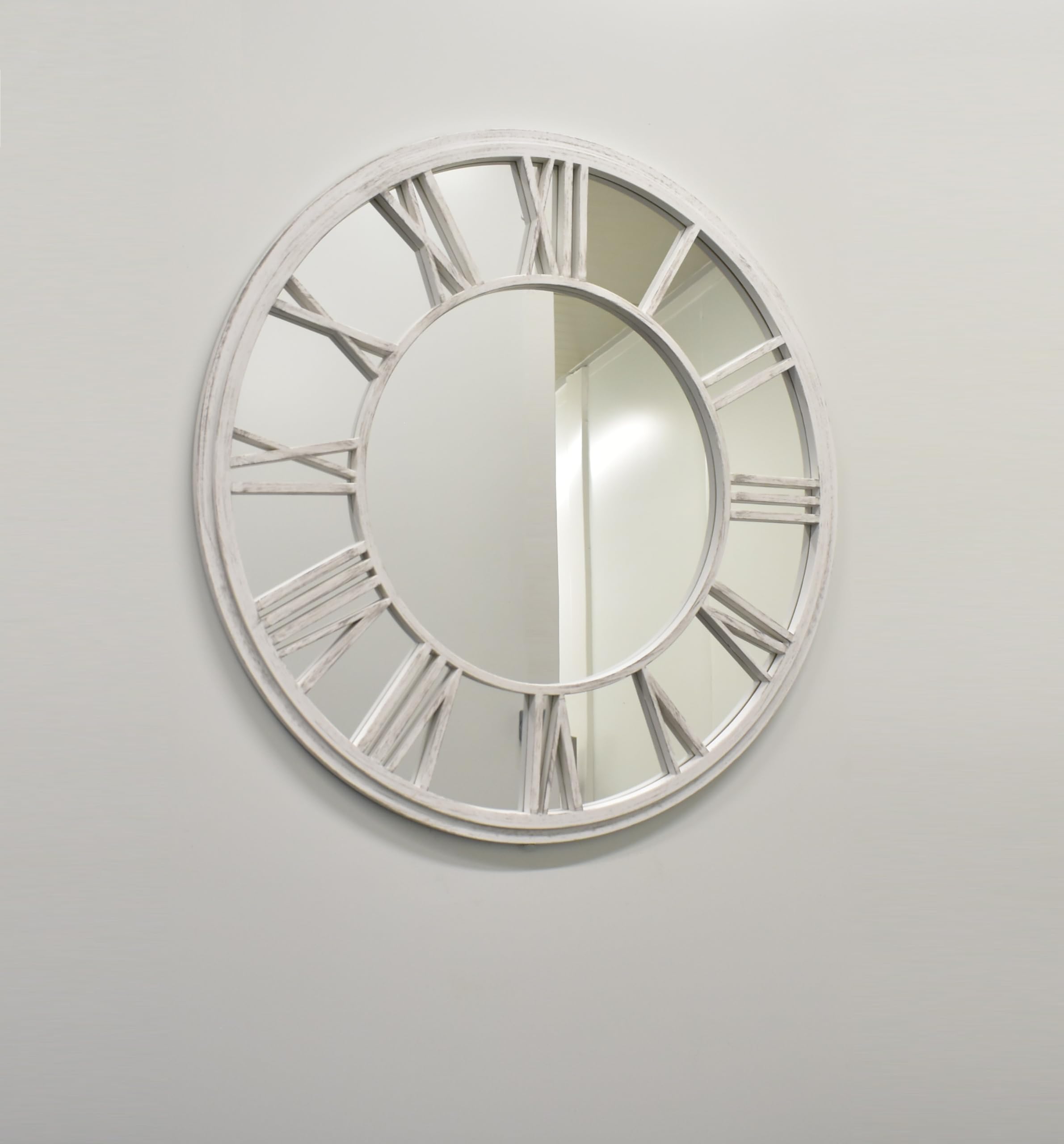 DEENZ White Brushed Grey Round Roman Numeral Clock Style Frame Indoor/Outdoor Wall Mirror 80Cm Garden Art Decor Window Style