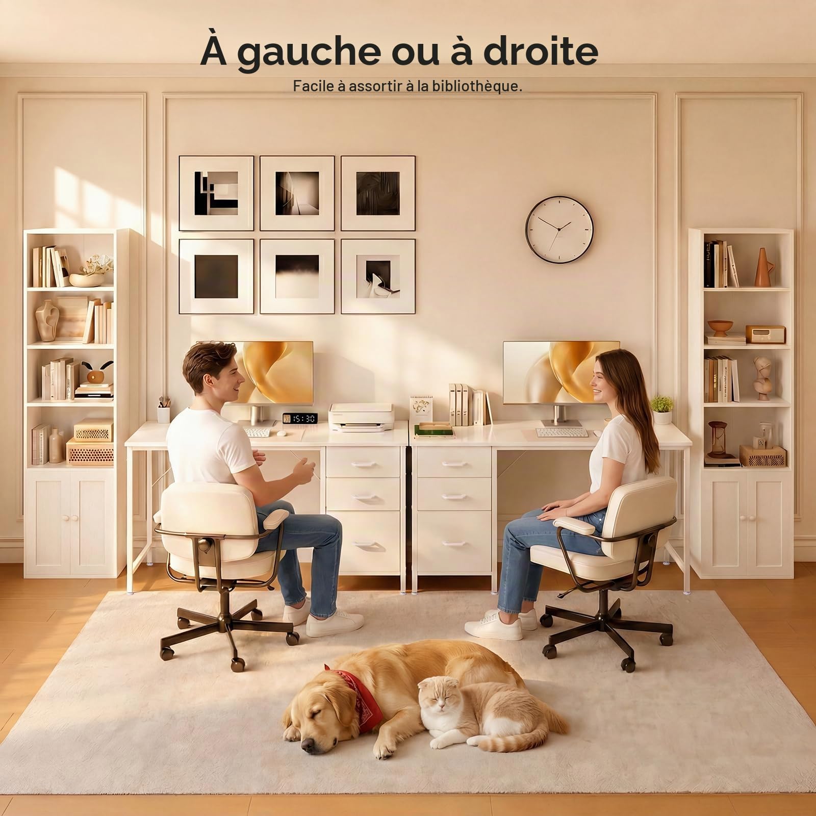 Coleshome Lot Bureau + Bibliothèque – Bureau 120x48cm avec 3 Tiroirs + Bibliothèque 6 Étagères avec Portes – Ensemble Blanc pour Bureau Maison et Rangement