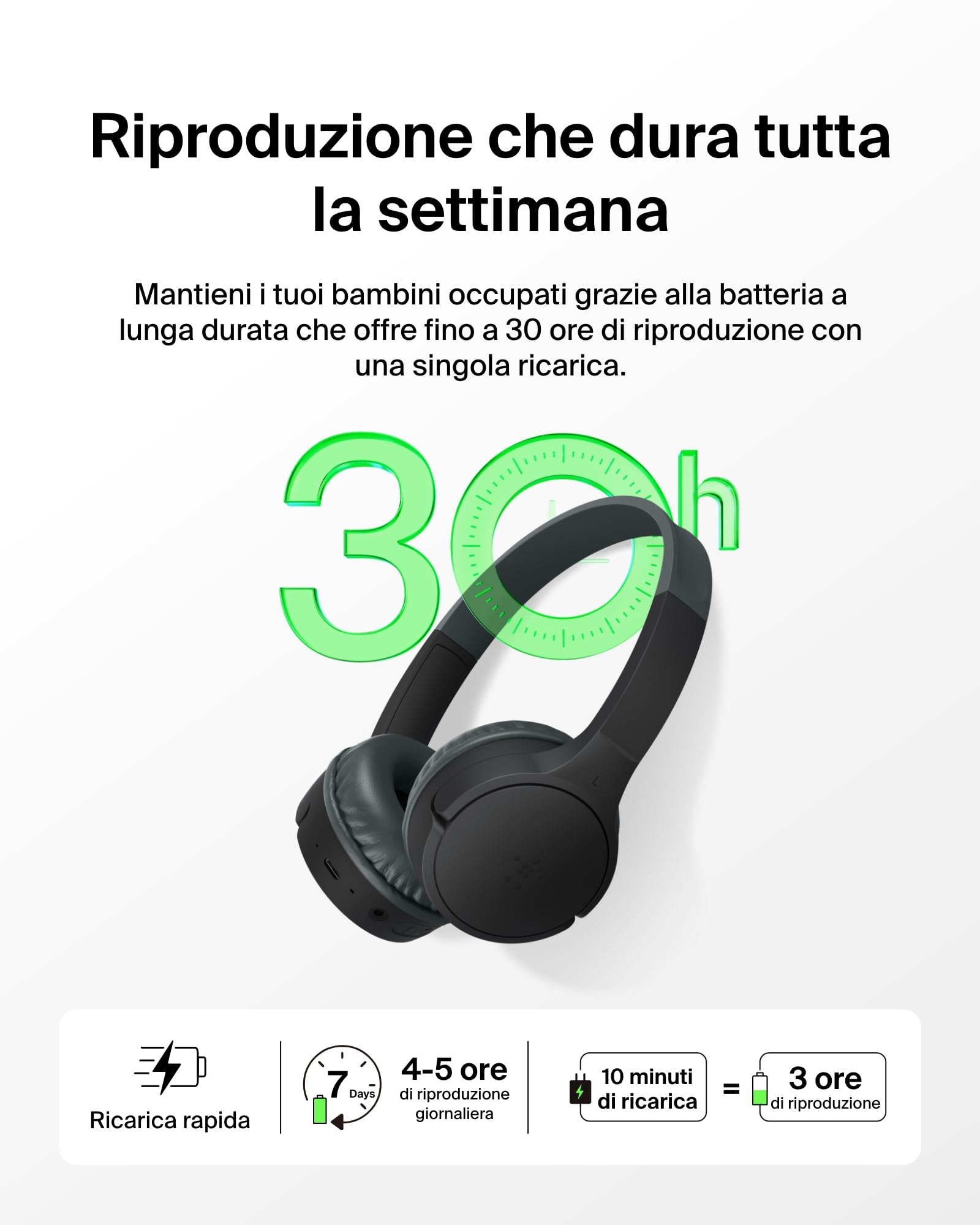 Belkin SoundForm Mini Cuffie wireless per bambini con microfono, 30 ore di riproduzione, adesivi divertenti, headset over-ear per didattica online, scuola e viaggi, per iPhone, iPad e Galaxy, nero