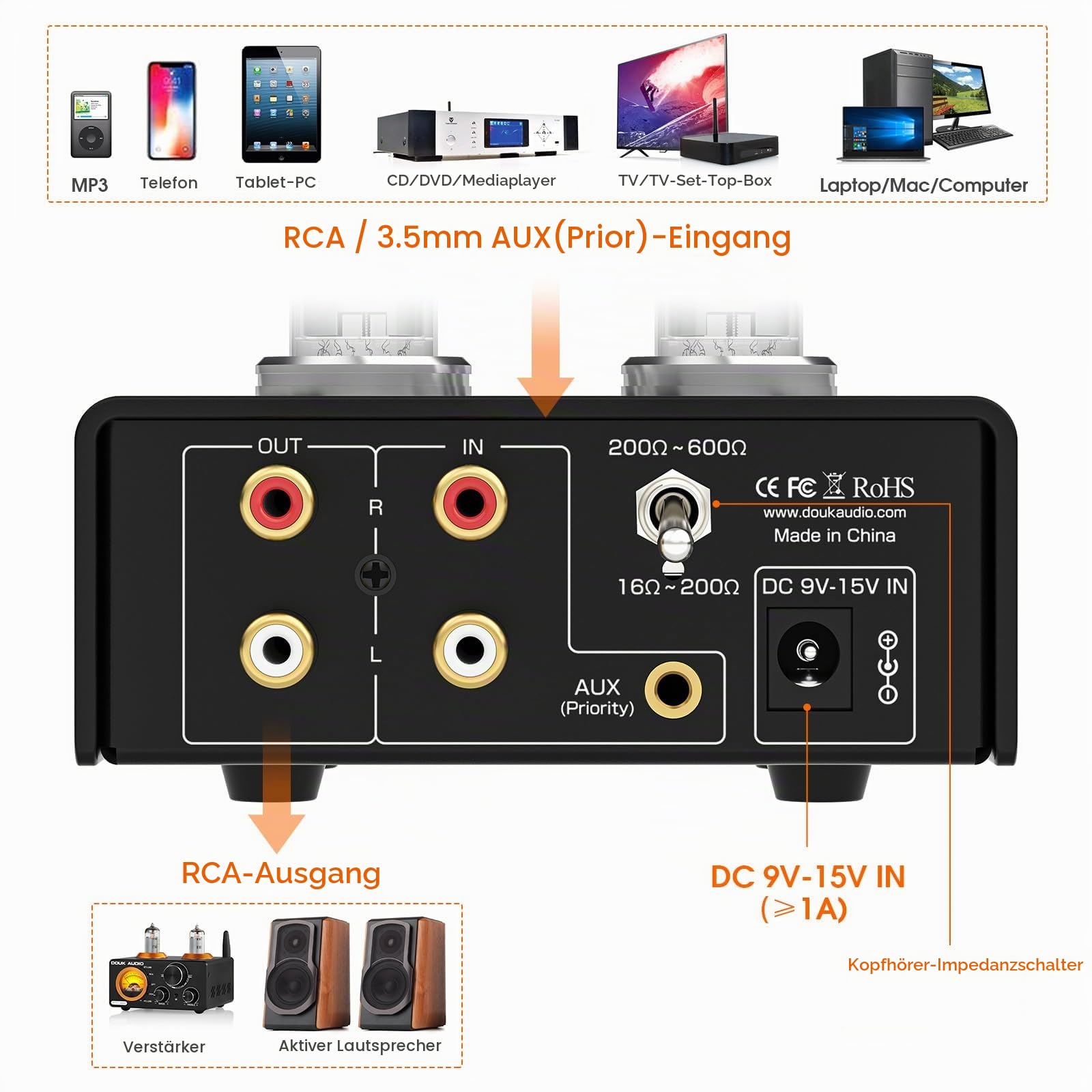 Douk Audio Mini Röhren Kopfhörerverstärker: Desktop Stereo HiFi-Vorverstärker mit 4,4/6,35-mm Buchse, Unterstützt 16-600 Ohm Impedanz (Aluminiumlegierung)