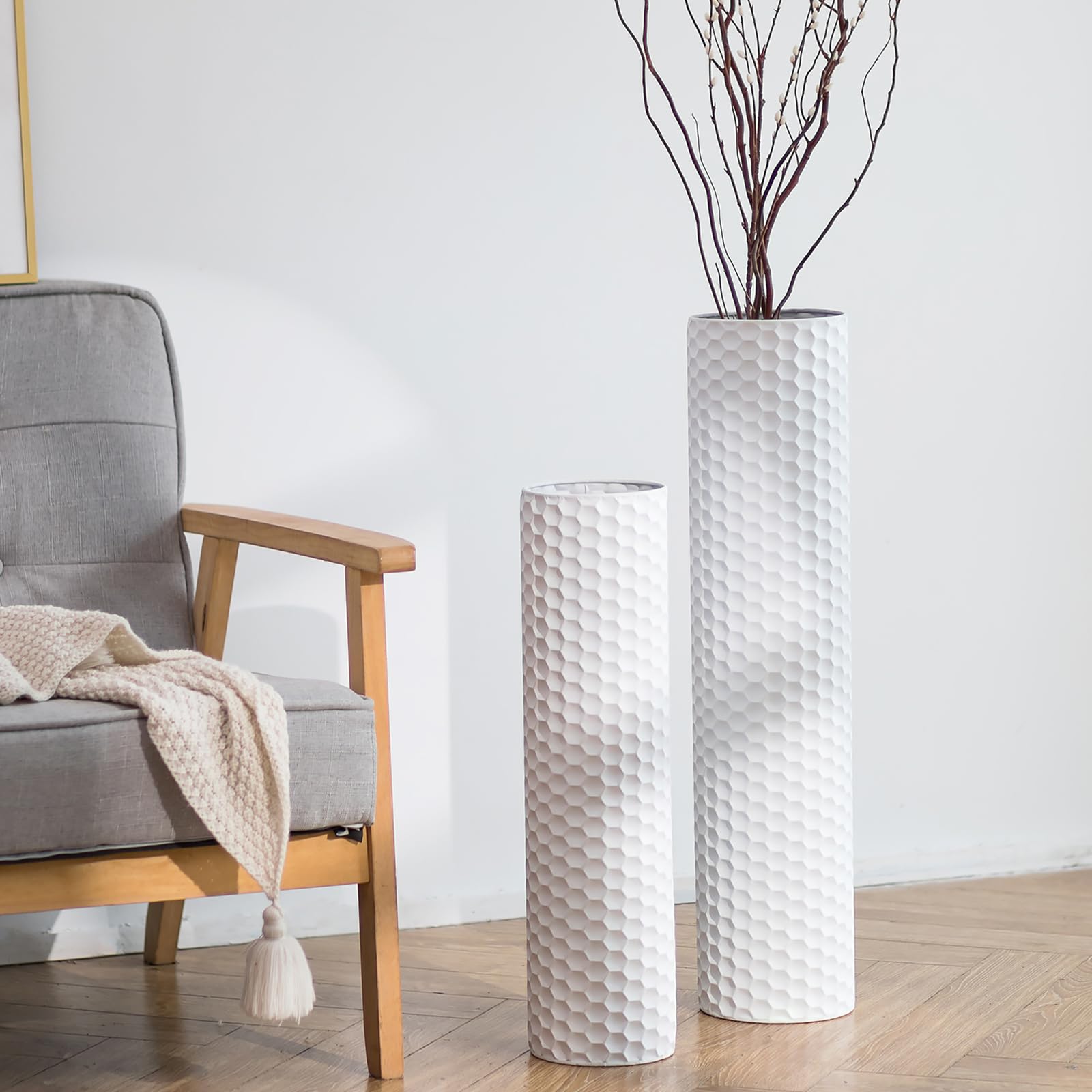 Sziqiqi Large Floor Vase White: 70/55cm Tall Floor Vases Set of 2 Metal Floor Vase for Living Room Modern Honeycomb Texture Vase for Dining Room Bedroom Fireplace