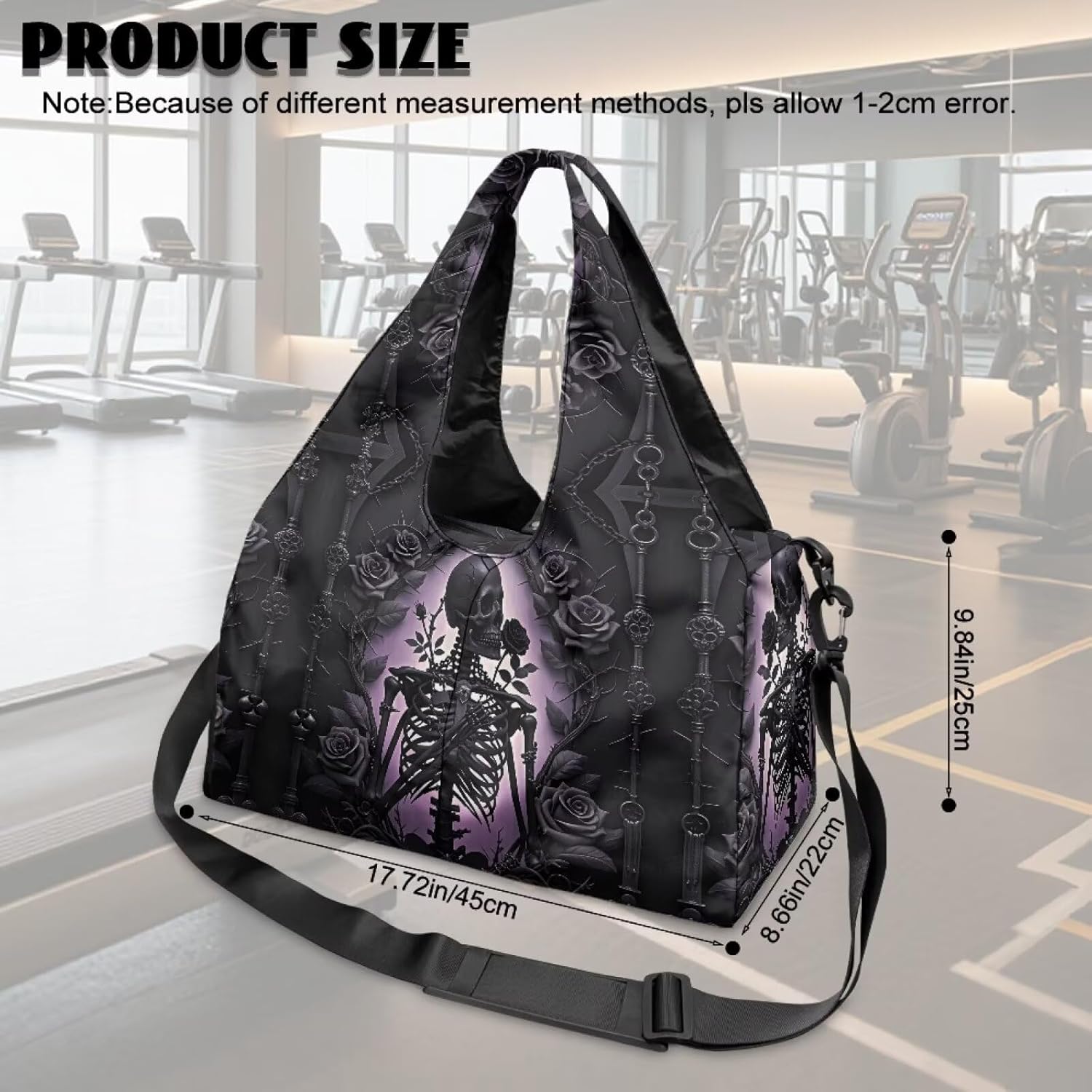 Goth Rose Bat Yoga Gym Bags for Women with Yoga Mat Holder Crow Skull Shoes Compartment Tote Handbag for Travel