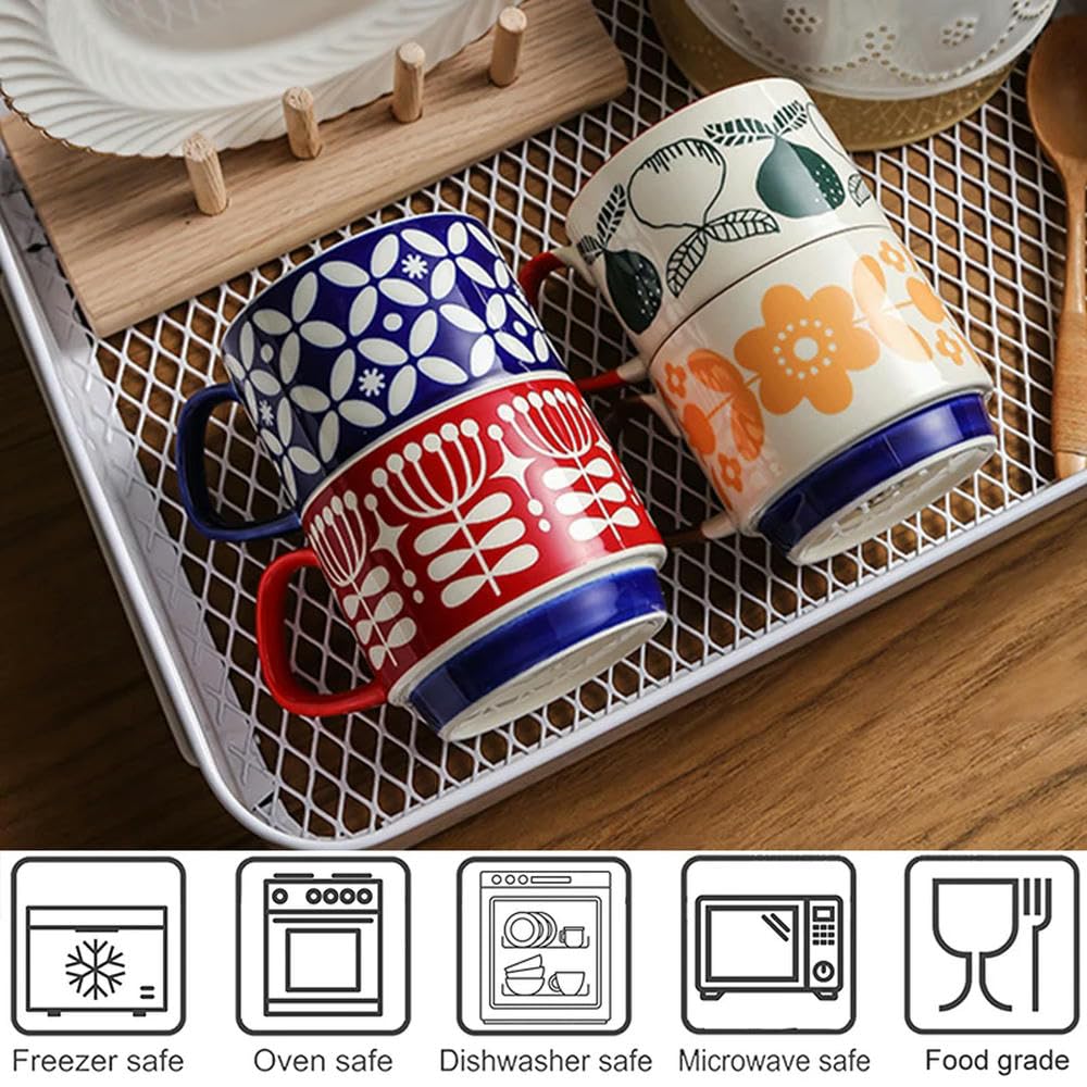 Zestaw 4 ceramicznych filiżanek do kawy, wiszące na uszach, podszkliwne, na śniadanie, mleko, płatki owsiane, japoński styl retro, możliwość układania w stosy