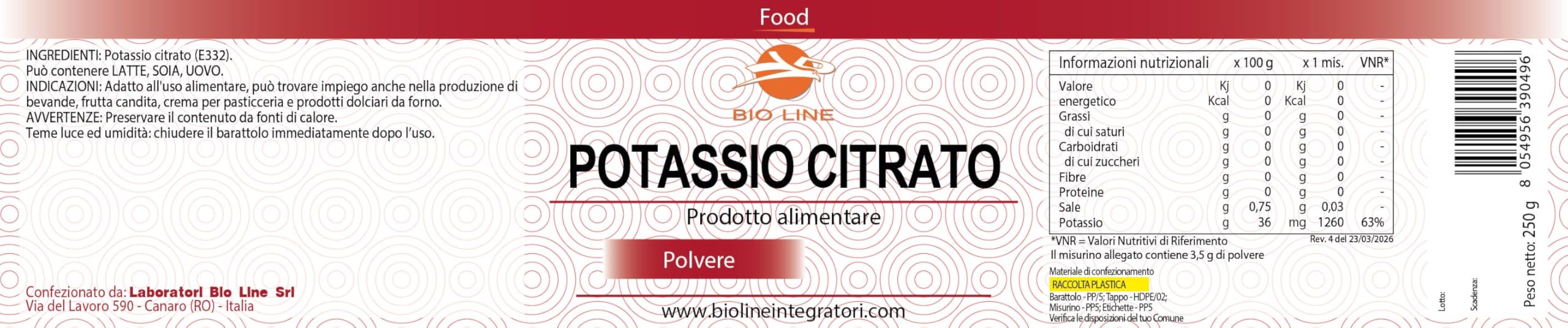 Potassio Citrato in Polvere Solubile Barattolo da 250 g, Polvere Alimentare Adatta per Attività Sportiva, Puro Senza Zuccheri ed Eccipienti, Polveri Alimentari