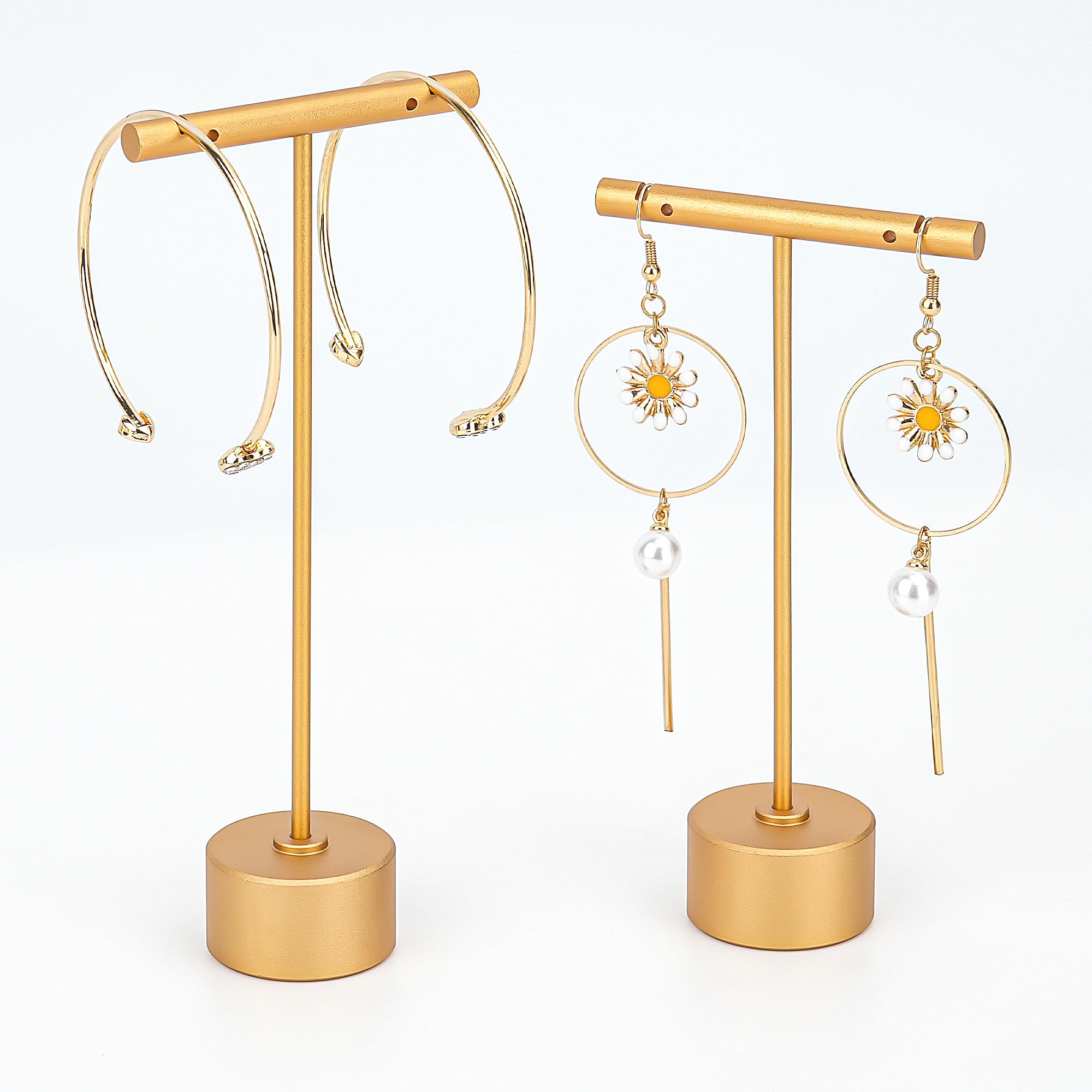 Jim Display Metal Earring Stand Display Round Base Earring T Bar Display Necklace Bracelet Ring Ear Studs Jewelry Display Rack for Vendors Photography and Showcase, Gold 2pcs Height 5.31