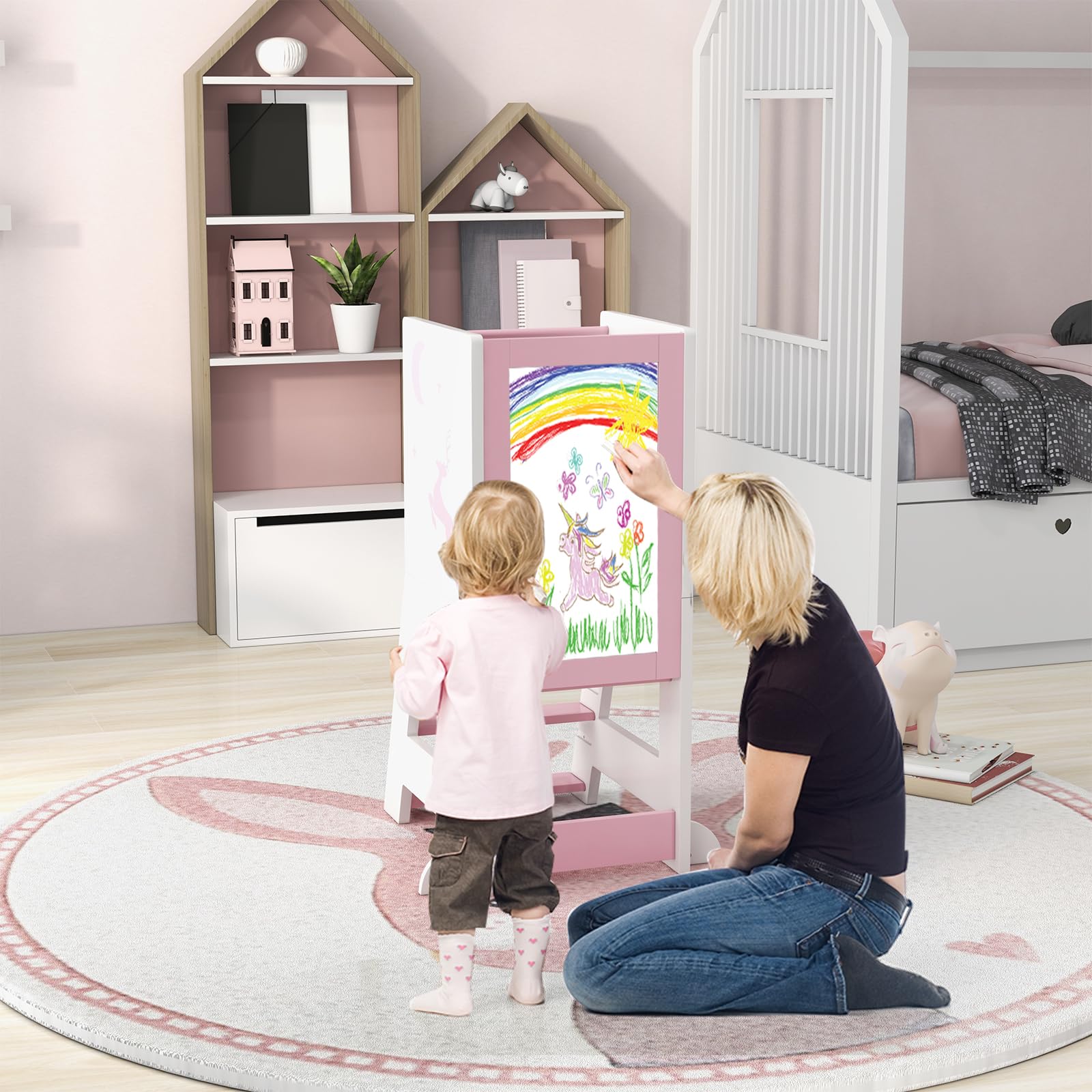 COSTWAY Wieża edukacyjna dla dzieci, 2 w 1, taboret do stąpania montessori z 3 regulowanymi wysokościami i dwustronną tablicą, stołek z 3 bolcami, pomocnik kuchenny dla dzieci od 1 lat, obciążenie 70