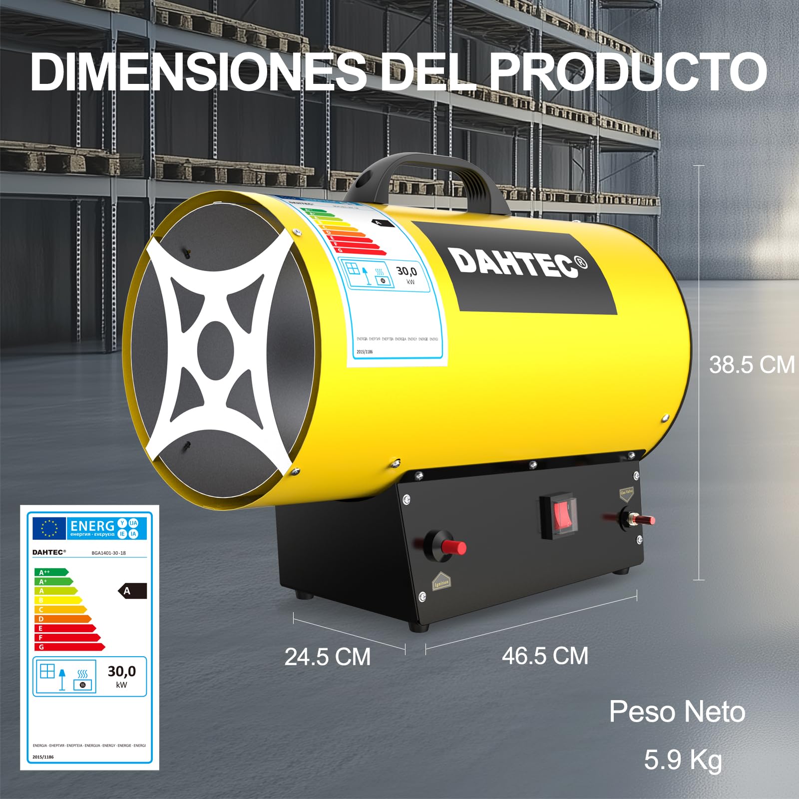Calefactor de Gas Auxiliar 30 kW - Cañón de Calor - Radiador Soplante de Gas - Calefacción Radiante Con Ventilador - Soplador de Aire Caliente para Obras, Amarillo