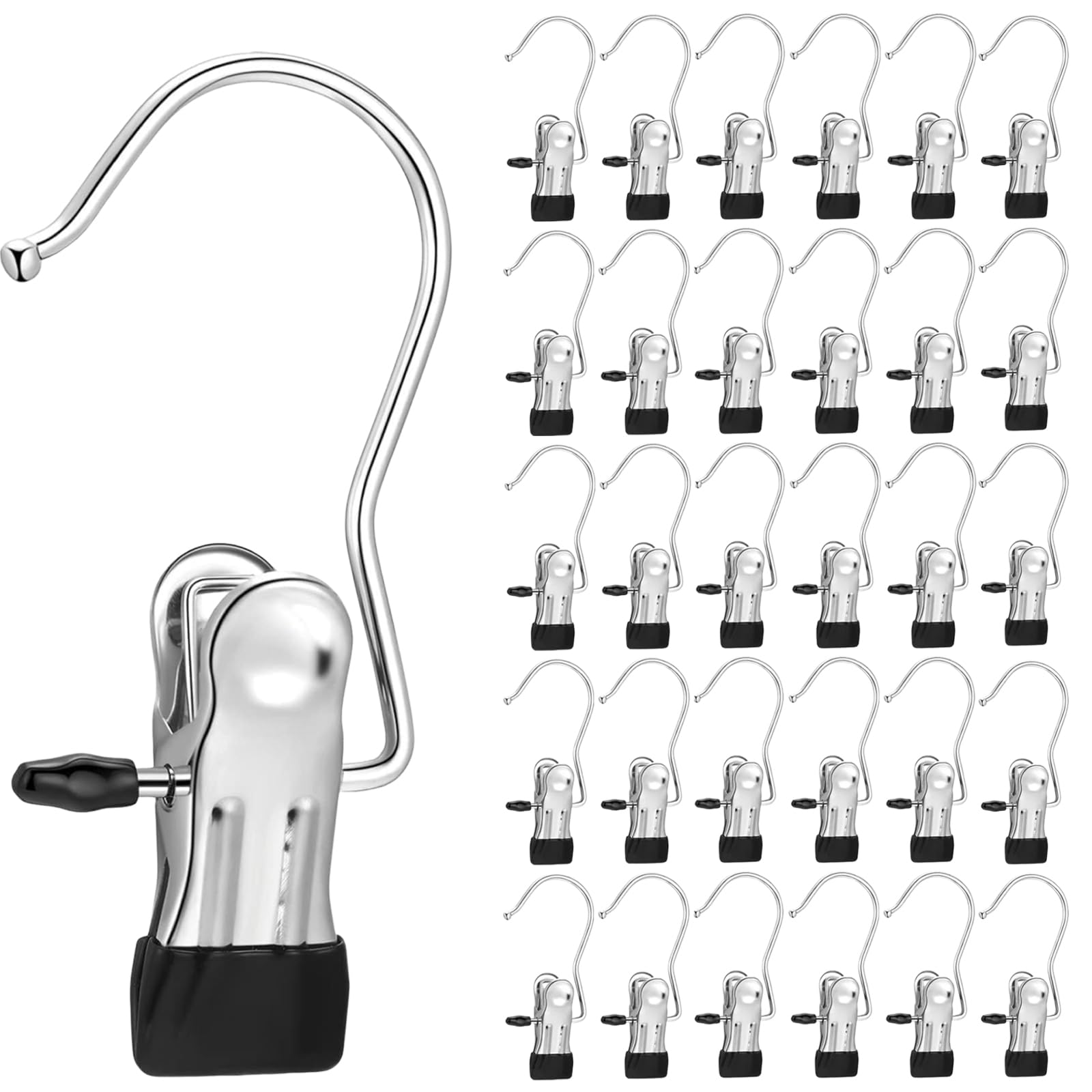 30Pcs Laundry Hook Hanger Clips, Metal Clothes Pegs, Laundry Clips for Closet Organisation and Travel Packing, Black Stainless Steel Sock Hangers for Drying, Shoe Hooks and Hijab Hangers