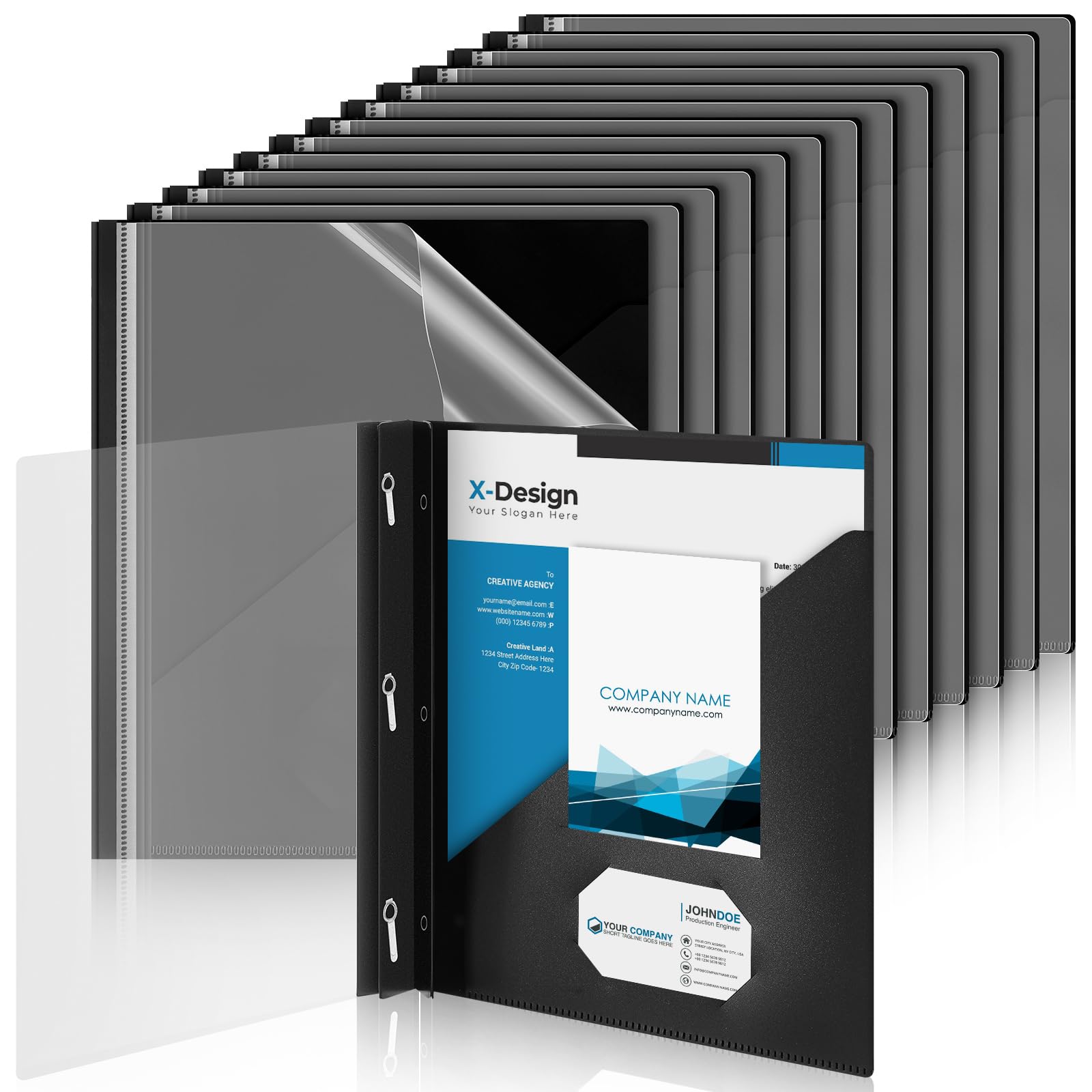 Teling 24 Pcs Presentation Folders with 3 Prong, Black Report Binder
