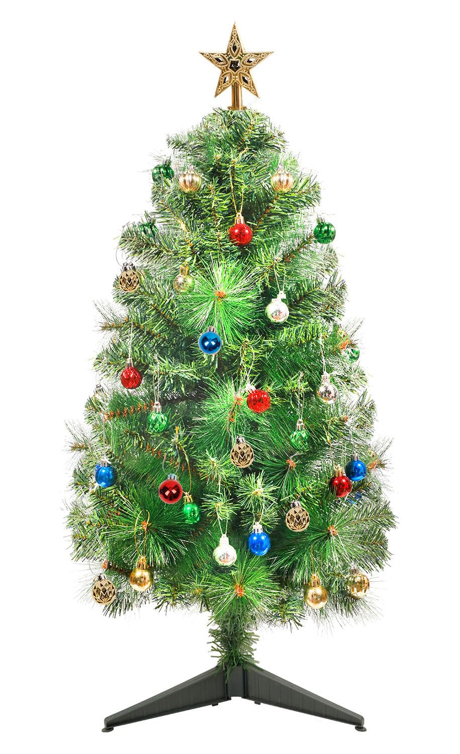 QBA 3FT Small Tabletop Christmas Tree with Ornaments, Unlit Green Tiny Christmas Tree with Plastic Triangle Stand, Foldable Little Xmas Tree for Home Office Shop Party RV