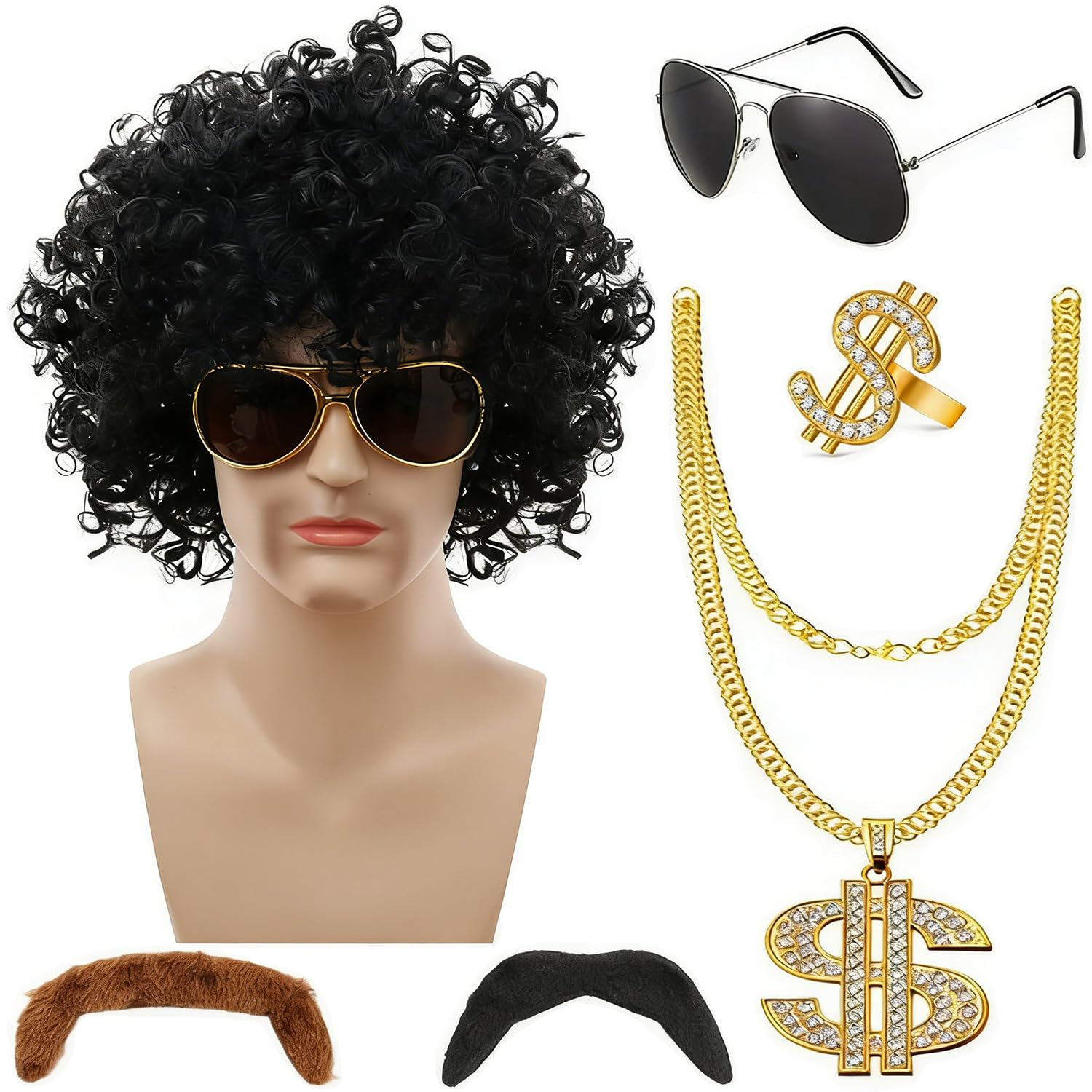 Hippie Costume Set, 6 PCS Hippie 70s Wig Set 70s 80s Disco Fancy Dress Accessories with Afro Wig, Sunglasses, Necklace, Fake Mustach Hippy Fancy Dress Mens Accessories for Theme Party Carnival