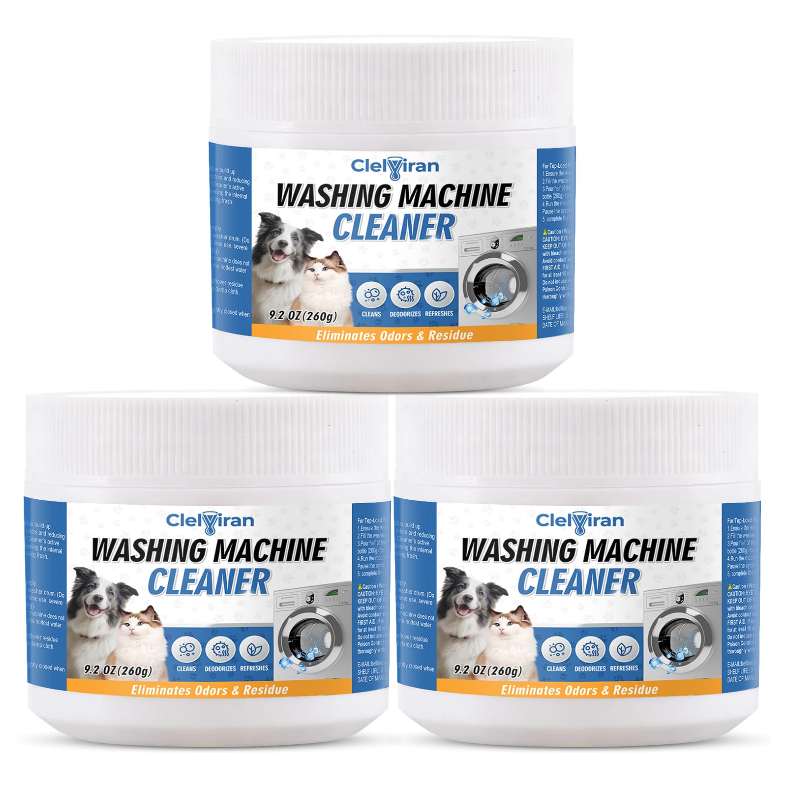 Pet Hair Washing Machine Cleaner Powder, Enzyme Action Removes Odor Causing Residue and Grime Deep Inside Pump, HE Front and Top Load Washer Descaler, Septic Safe (3 Pack)