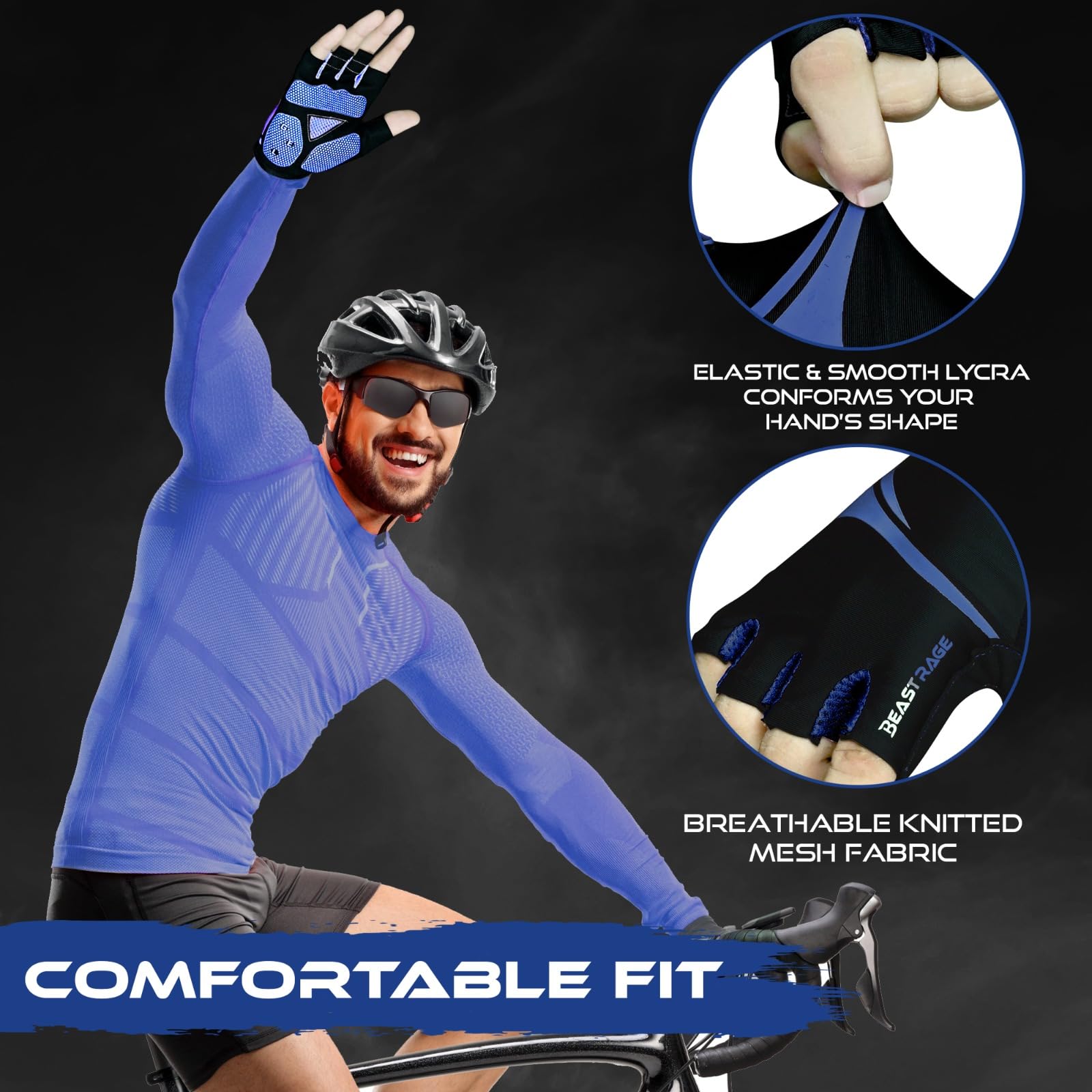 BEAST RAGE Guantes de ciclismo de medio dedo para hombres y mujeres, guantes de bicicleta transpirables sin dedos con palma antideslizante, absorción de golpes, acolchado de gel para ciclismo de