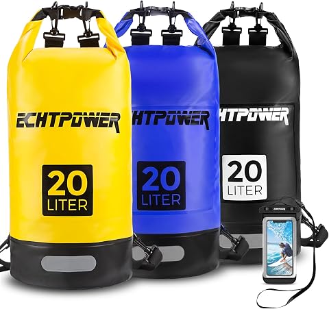 ECHTPower Mochila Impermeable 5L/10L/20L, Bolsa Estanca Impermeable con Funda de Móvil, 100% Impermeable con Doble Correa, Bolsa Seca para Paddle Surf, Playa, Kayak, Senderismo, Camping, Esquí, Pesca