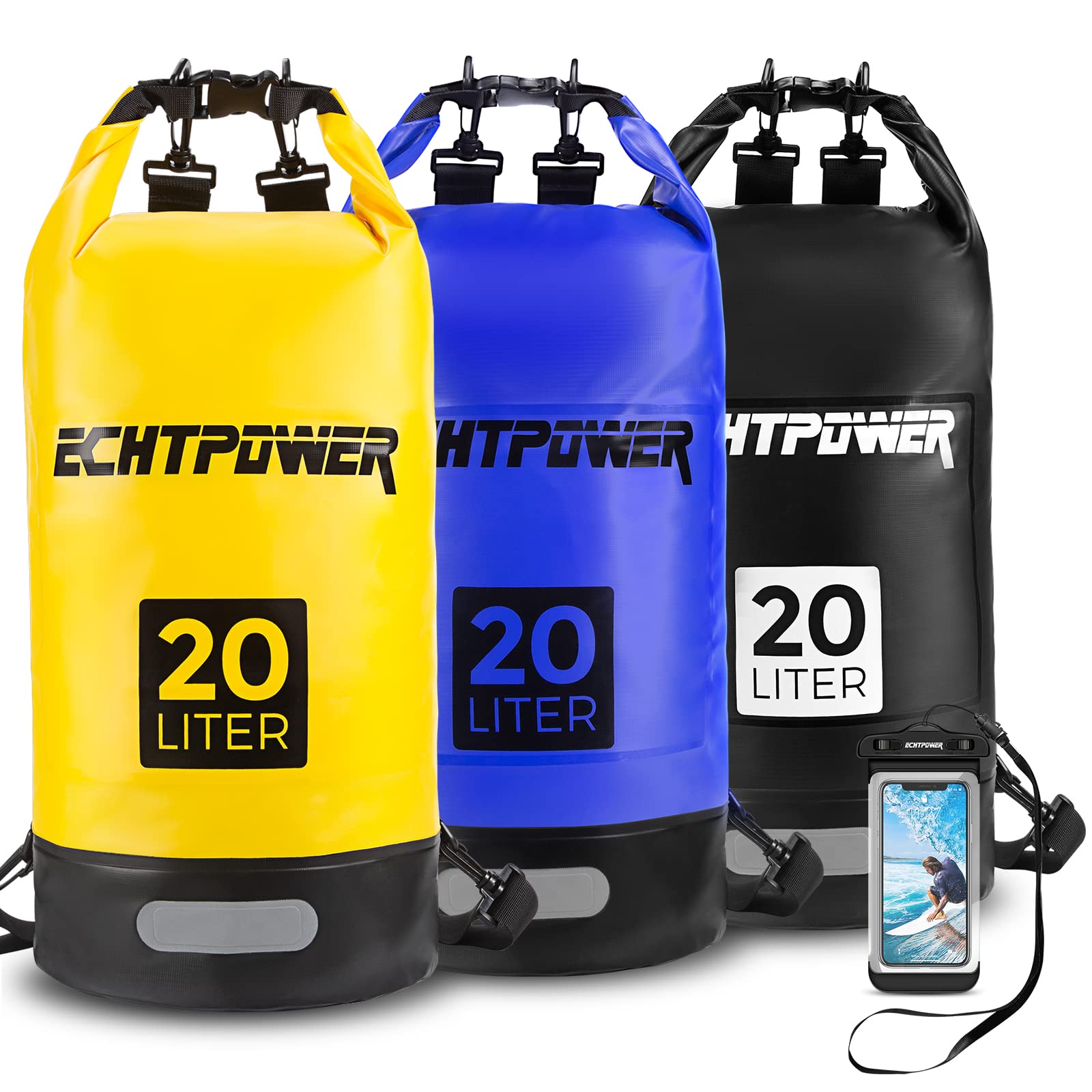 ECHTPower wasserdichte Tasche, 5 l, 10 l, 20 l, wasserdicht, für Wassersport, mit verstellbarem Gurt und wasserdichter Tasche für Telefon, wasserdichter Dry Bag Waterpoof