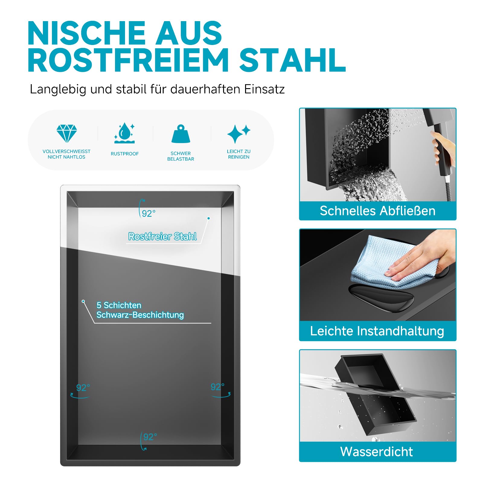 Nicchia doccia in acciaio inox, 40 x 25 x 10 cm, senza piastrelle, mensola da incasso per ambienti umidi, bagno a doppia nicchia in acciaio inox per doccia essenziali, finitura nera opaca