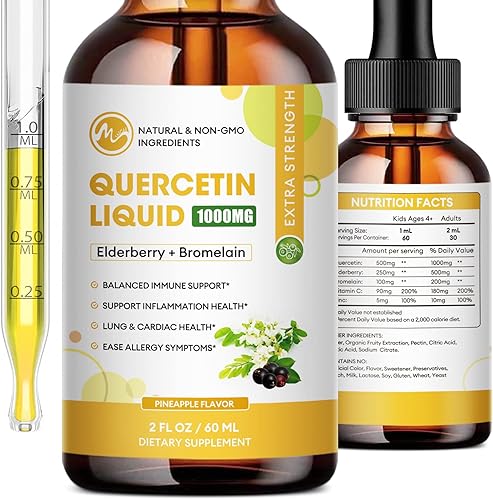 Gotas líquidas de quercetina, suplementos de quercetina de 1000 mg, 4 veces más fuertes que las píldoras y cápsulas, quercetina 5 en 1 con