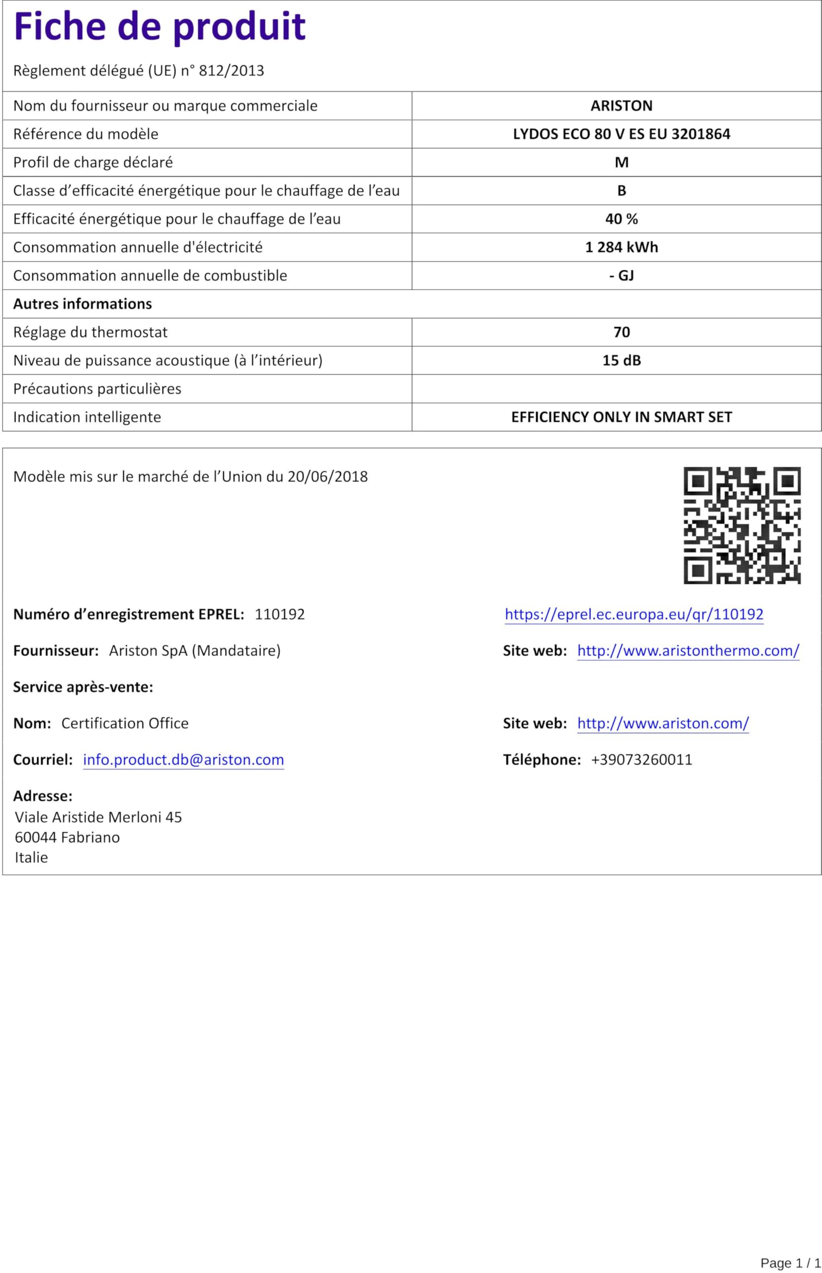 Ariston LYDOSECO80VES Termo ELECTRICO Termo LYDOS Eco 80 V ES EU