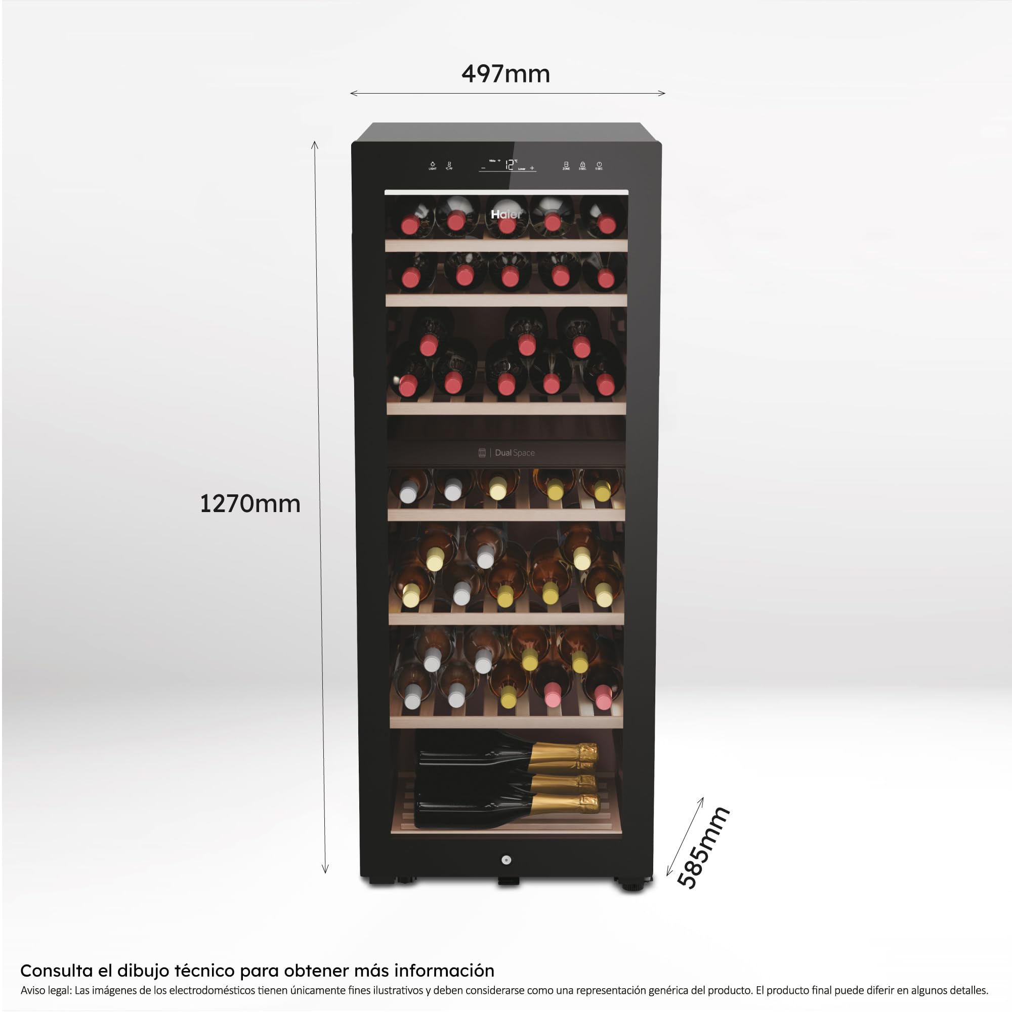 Haier Wine Bank 50 Series 7 HWS77GDAU1 Vinoteca de 77 botellas, WIFI, 2 Zonas, Estantes de madera, Filtro Anti-UV, Filtro de carbón, Refrigeración por Compresor, Display Digital, LED, 37 dbA, Negra