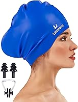 Vista 16 de Large Long Hair Swim Cap with Extra Room for Women Men, Silicone Swimming Cap for Long Thick Hair with Ear Plugs Nose Clip Set, Adult Waterproof