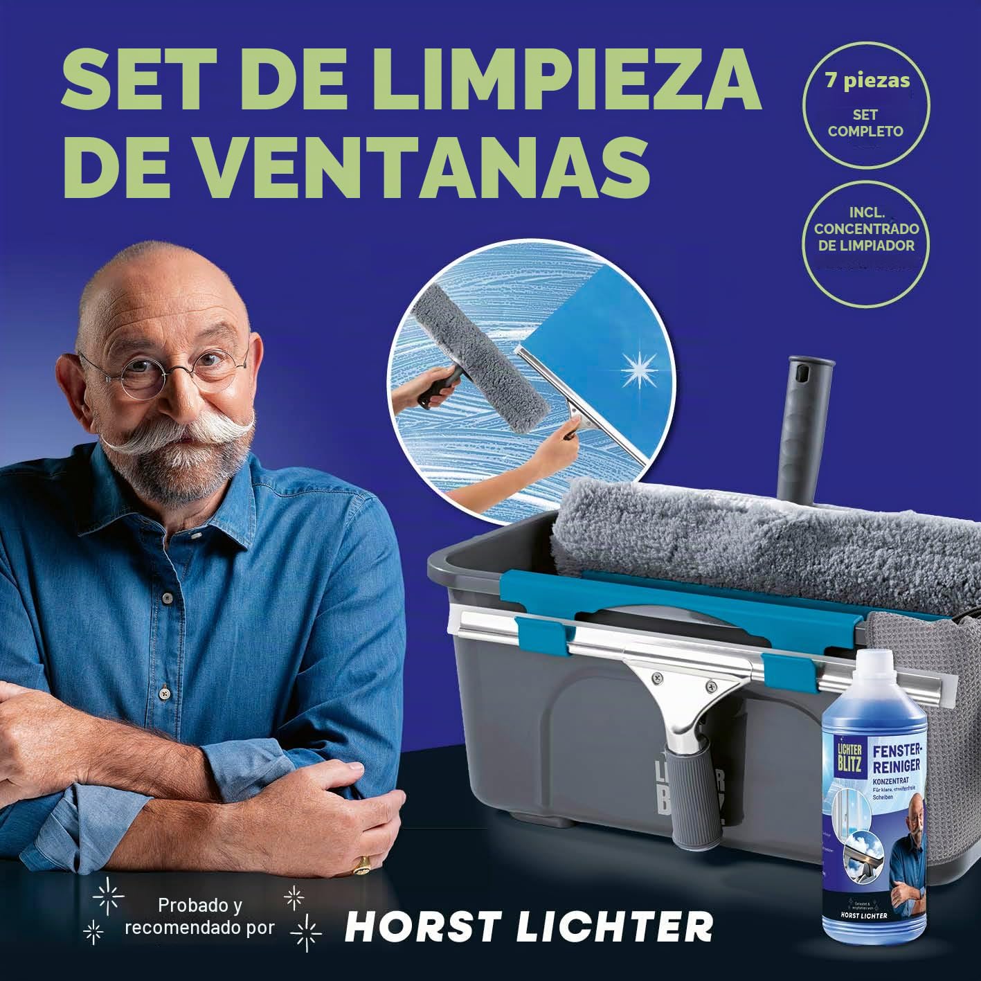 Juego Completo de limpiacristales | Limpiacristales Profesional | Incluye limpiacristales, Cubo de 12 litros con Estante, limpiacristales, limpiacristales, paño de Microfibra y Limpiador