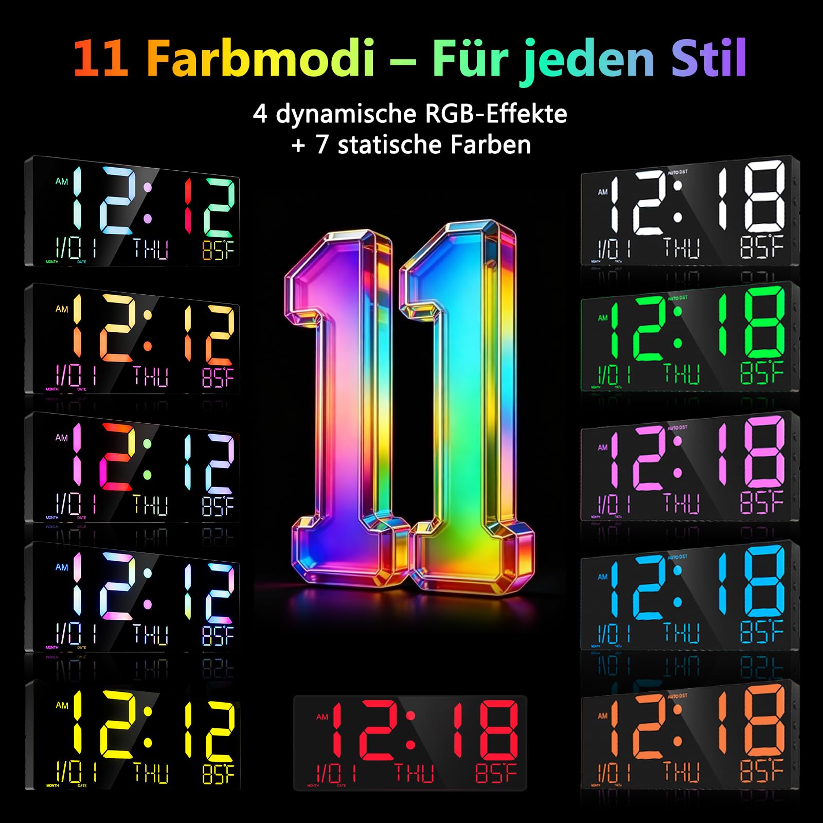 HUO JI Horloge murale numérique LED de 40,6 cm avec grands chiffres