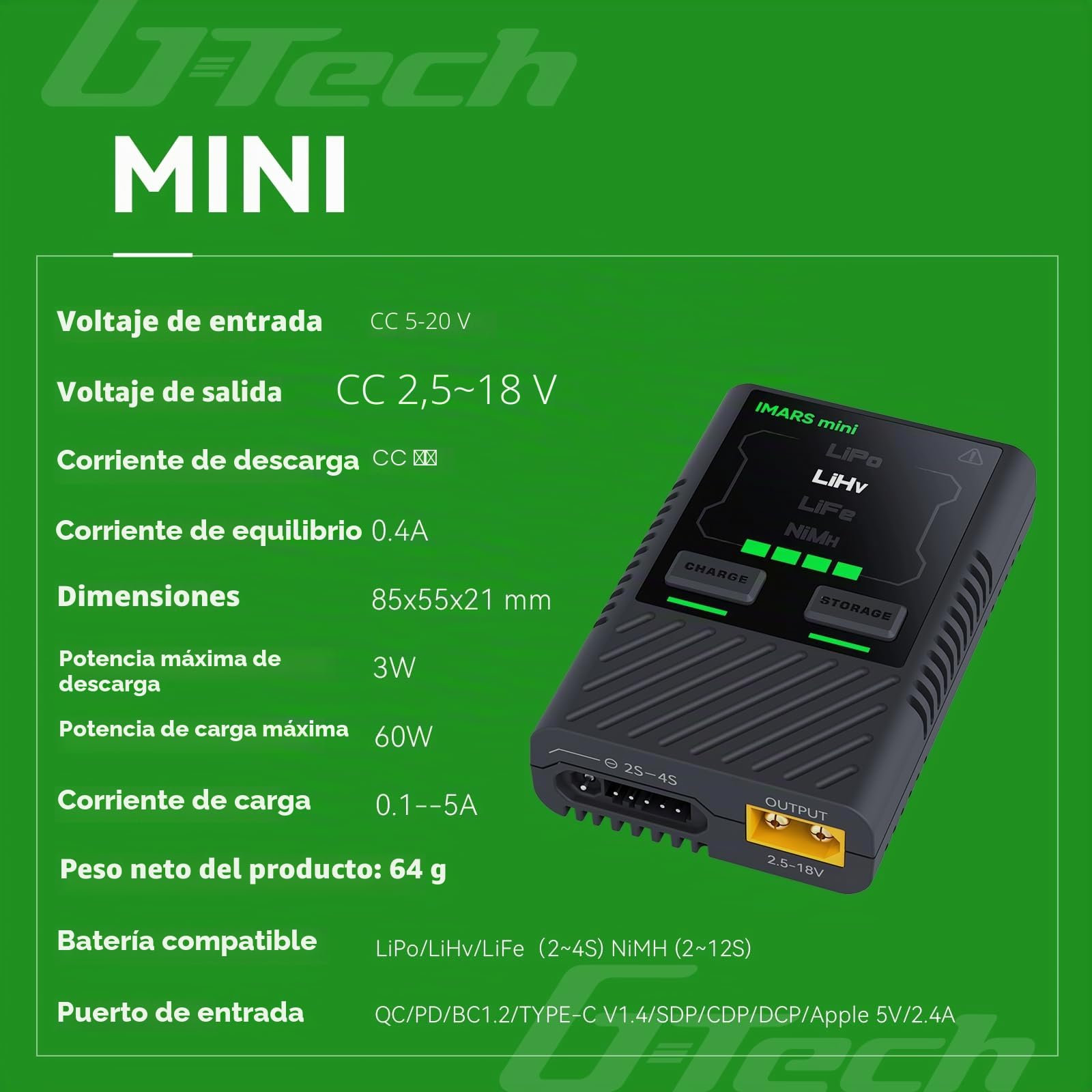 Gens ace IMARS Mini Cargador Inteligente RC LiPo 2-4S 60W USB-C – SIN Adaptador de Corriente | Cargador Portátil para Baterías RC