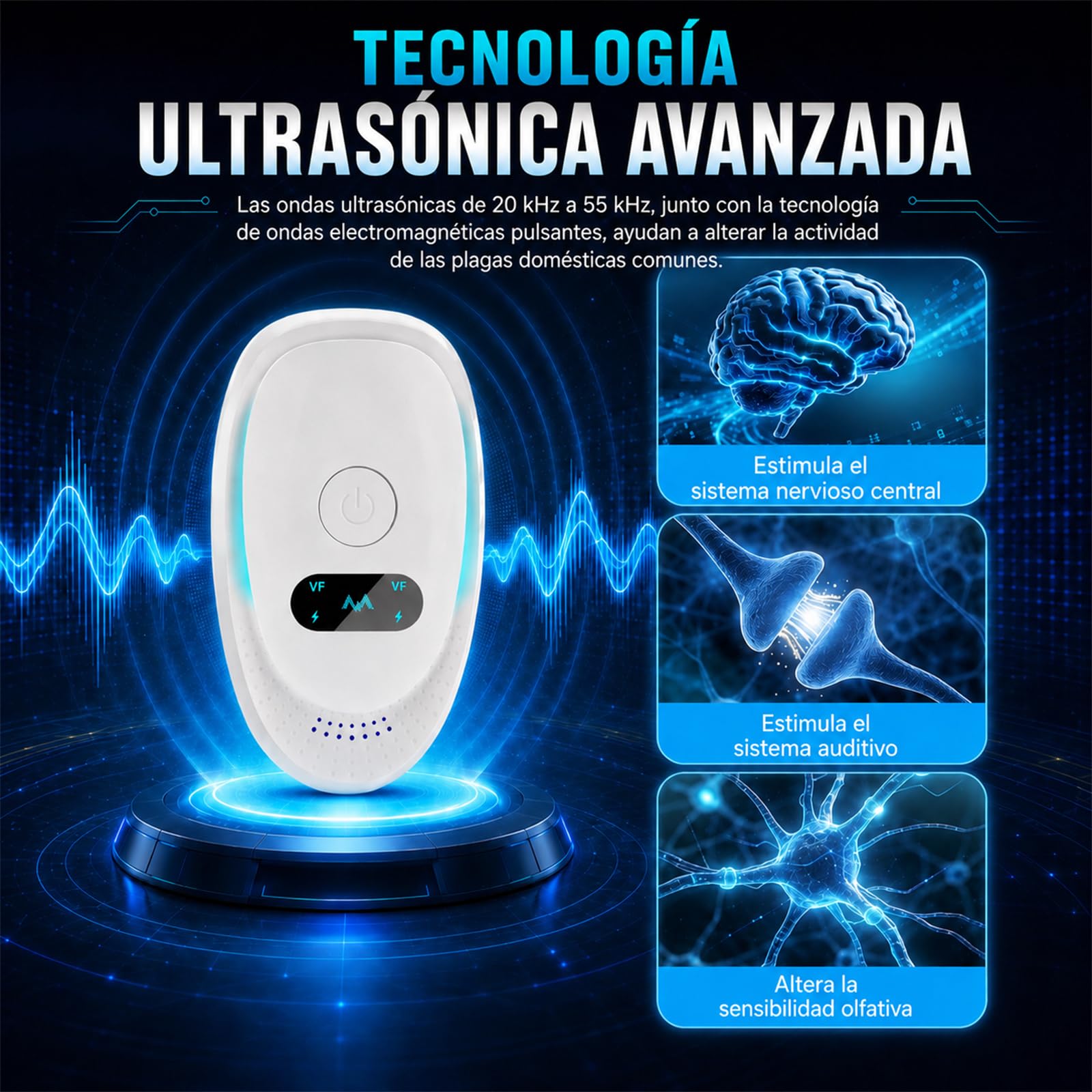 Ultrasónico Repelente de Insectos y Roedores, Dispositivo Eléctrico Antiparasitario para Hogar, Elimina Mosquitos, Cucarachas, Hormigas, Arañas, Moscas y Ratones, Uso Interior (6 Unidades)