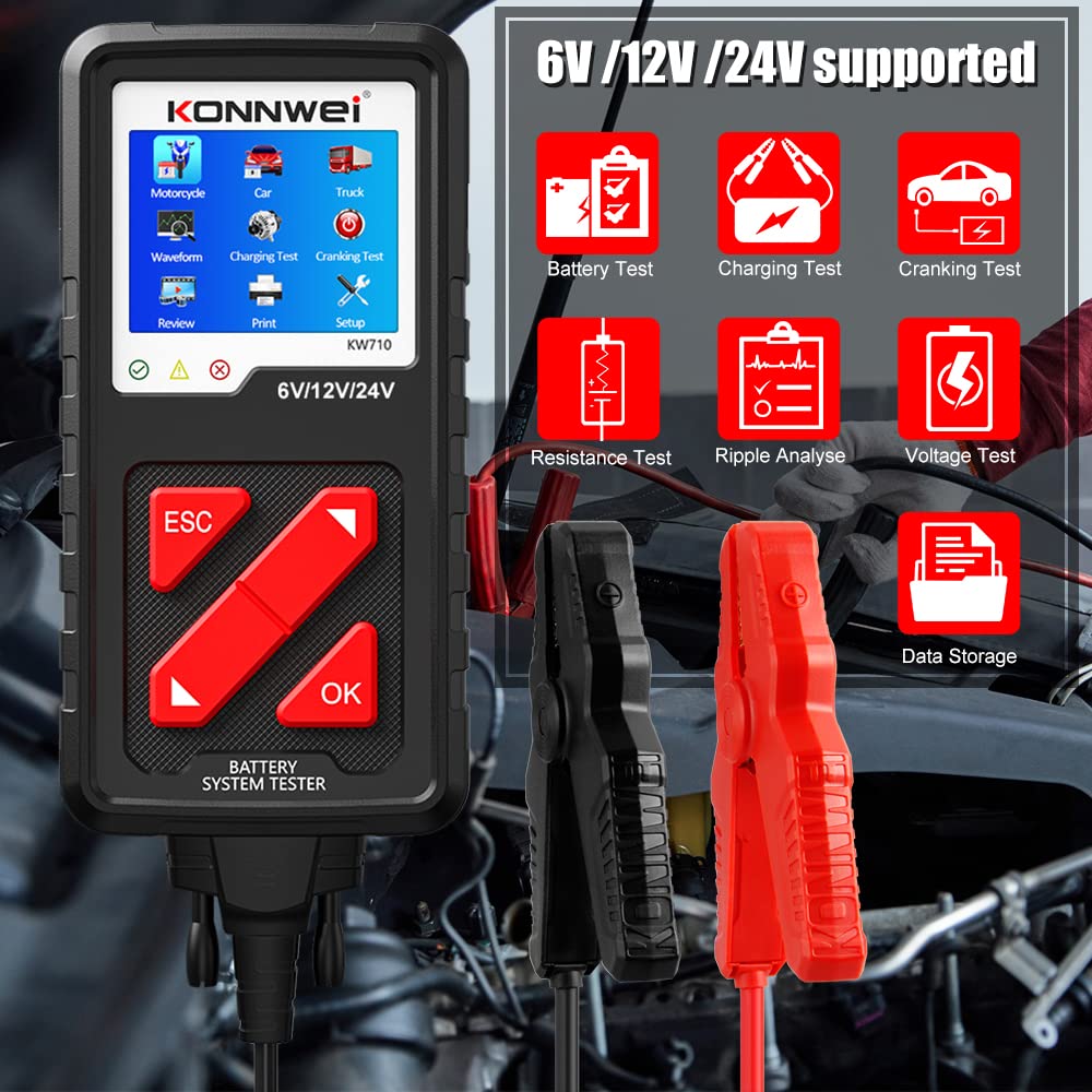 KONNWEI KW710 12 V 24 V tester batteria 100 – 2000 CCA, analizzatore digitale per auto con LCD a colori, tester per sistemi di carica e generatore per auto, camion, moto, barca, SUV, trattore, tester
