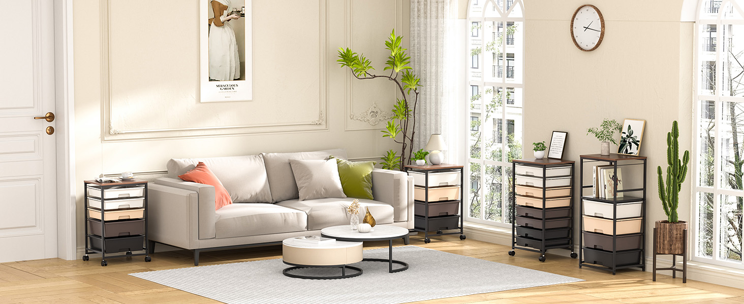 TOOLF Tall Nightstand with 4 Drawer for Dorm,Nighstand with Shelf and Wooden Tabletop,Storage Organizer Unit for Living Room,Nusery,Entryway,Hallway,Office,Bedside Furniture,Brown