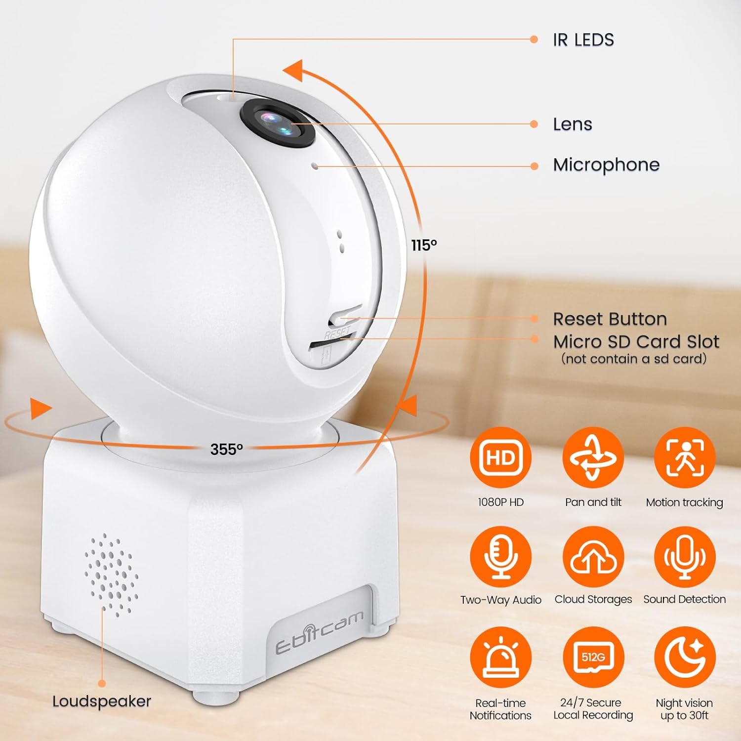 Ebitcam Indoor Camera showing 355 degree horizontal and 115 degree vertical rotation
