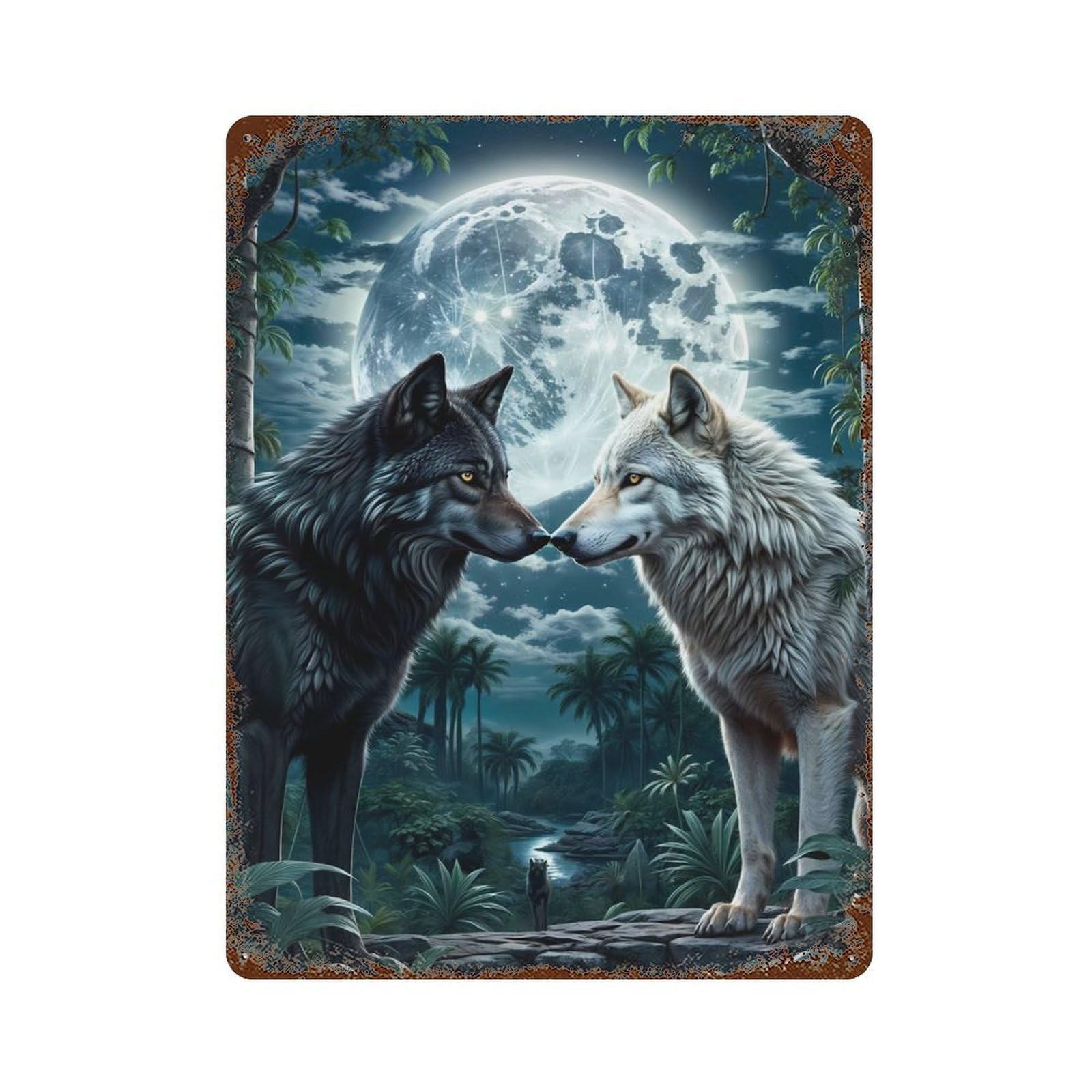 Aged Metal Wall Plaque with Two Wolf in Forest Moon Design 15.7"x11.8", for Cafe, Home Bar And Lounge Decor, Novelty Wall Decor