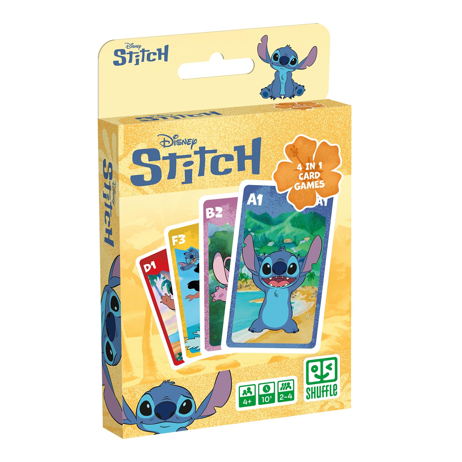 Shuffle – Gioco di carte 4 in 1 Stitch - 7 famiglie, battaglia, memo e azione - Gioco di carte Disney Lilo & Stitch per bambini, famiglia e amici - a partire da 4 anni, a partire da 2 giocatori