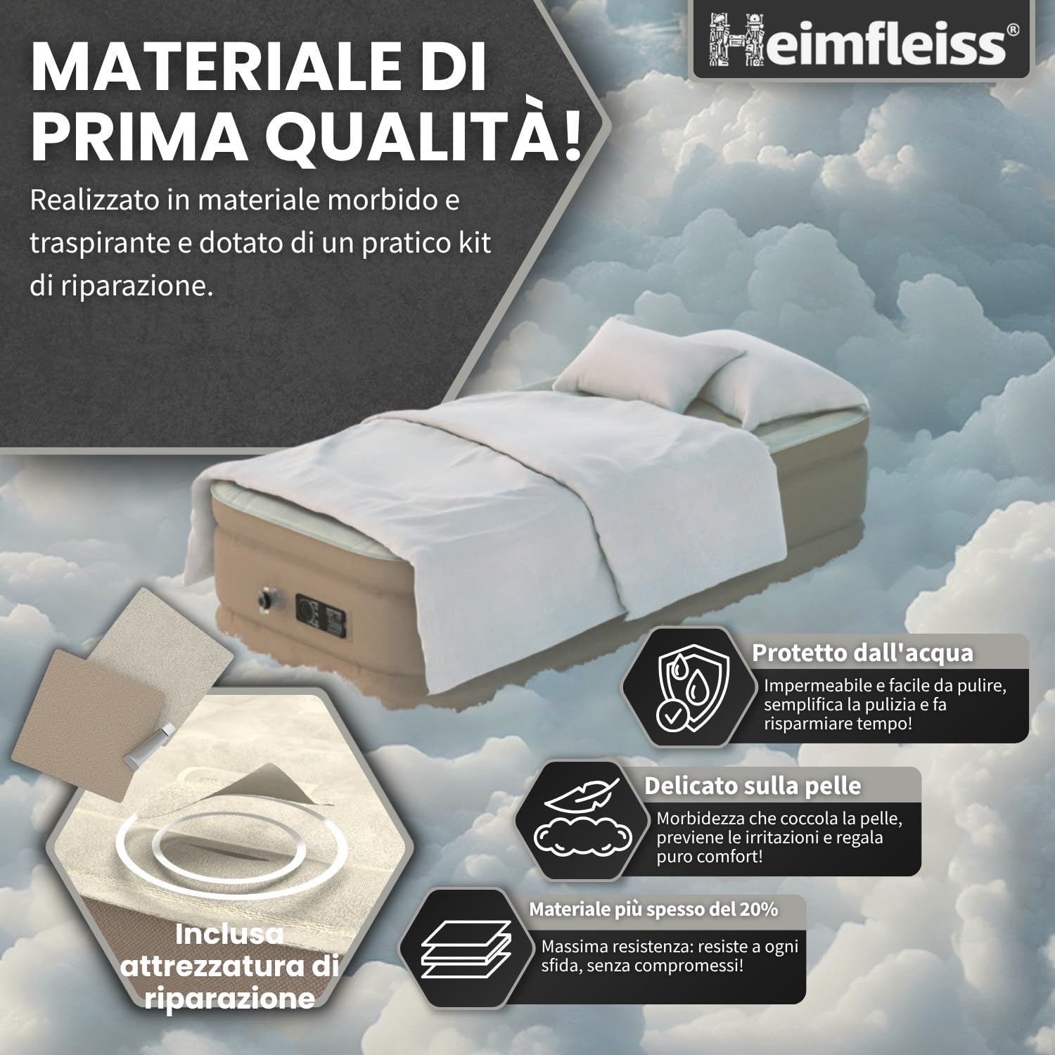 Heimfleiss® Materasso Gonfiabile Singolo 100x200x45 cm | Letto Gonfiabile Singolo per Ospiti, Casa e Campeggio | Materassino Autogonfiante Premium con Pompa e Superficie Inferiore Antiscivolo | Beige