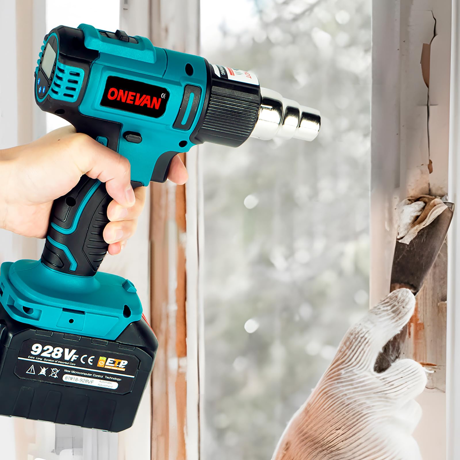 ONEVAN pistola de calor inalambrica, 50-550 ℃ pistola aire caliente para Makita 18V, pantalla LCD digital, decapador aire caliente a bateria incluye 5 boquillas y 2 raspadores (sin batería)