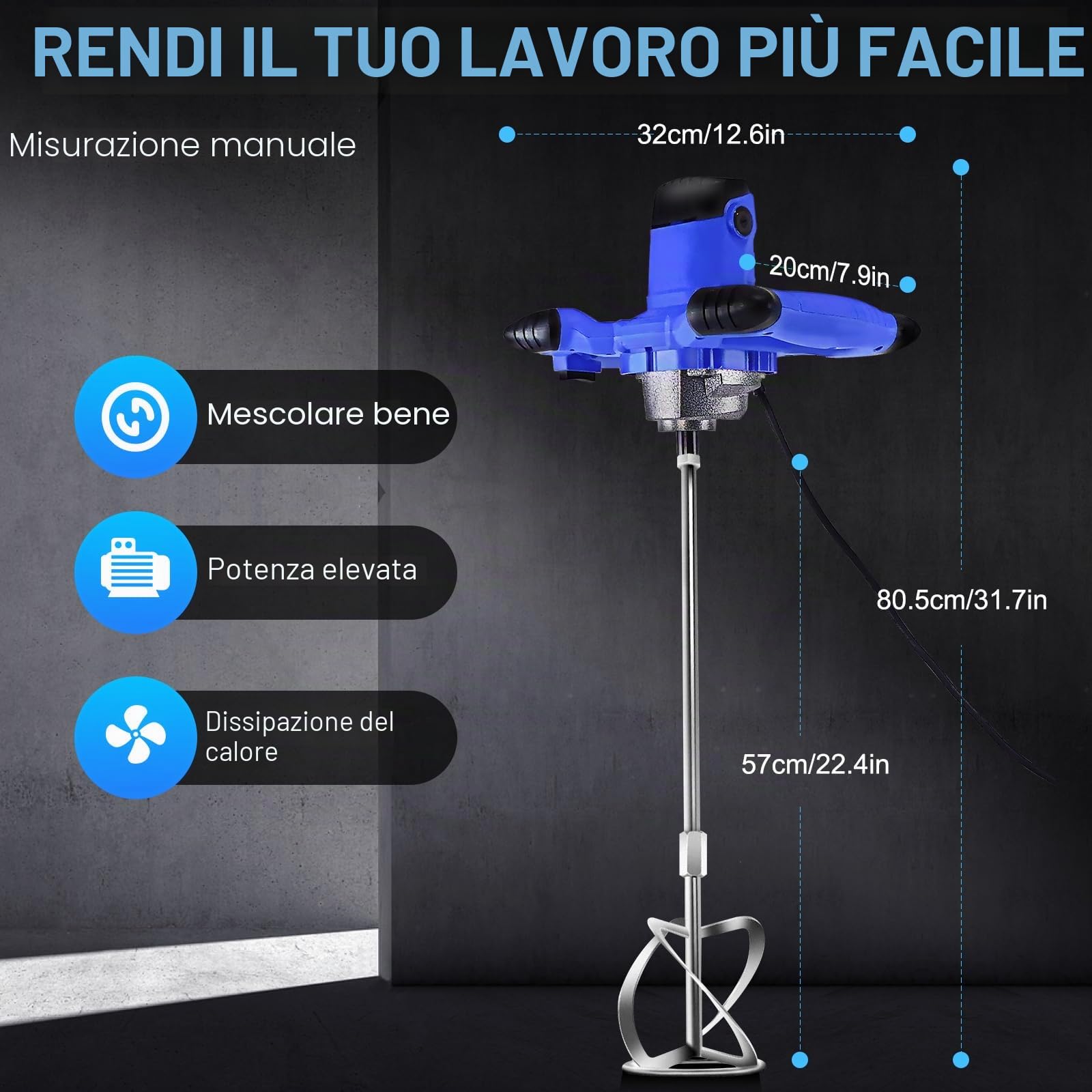 Miscelatore Elettrico 2600 W - Regolabile a 6 Velocità per Calcestruzzo, Mortaio, Vernice, Stucco di Cemento - Portatile Con Agitatore M14