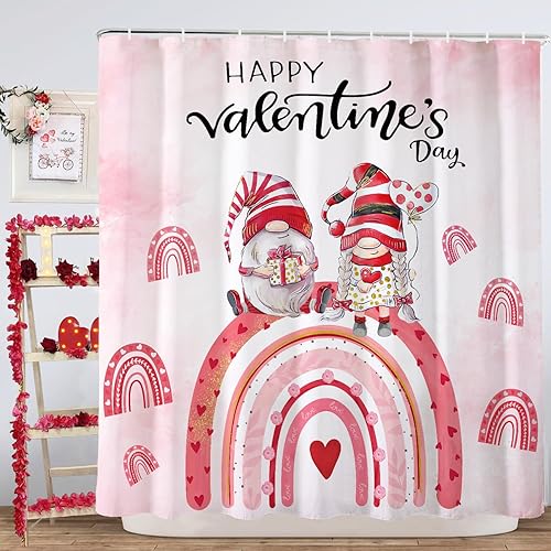 Baccessor Cortina de ducha con diseño de gnomos rosas para el día de San Valentín diseño de búfalo a cuadros diseño de corazón impermeable tela