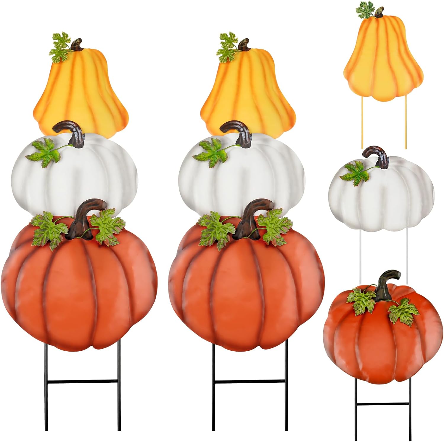 Kigley 2 Set Fall Pumpkin Decorations - Outdoor Garden Stakes, 33.8 Inch Stacked Metal Pumpkin Yard Signs for Home Fall Autumn Harvest Halloween Patio Lawn Decor (Yellow, White, Brown)