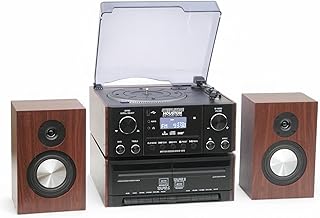 Steepletone HOUSTON XP Black 6 in 1 Music Centre, Bluetooth Vinyl Record Player, Turntable with CD, Cassette, DAB+ / FM Radio, USB MP3 playback & Encoding, NEW 25Watt High Power Wireless Speakers