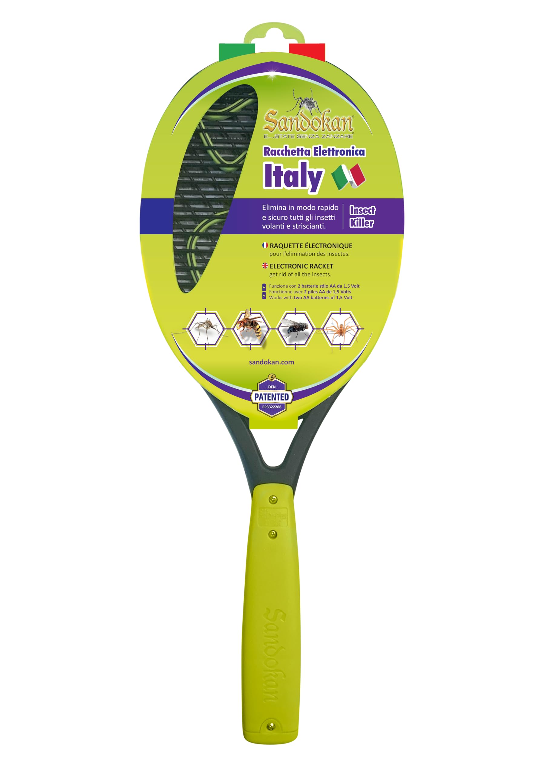 Sandokan, Racchetta Zanzare Elettrica, Paletta Elettrica per Zanzare e Mosche con Tripla Maglia Brevettata, Racchetta Elettrica per Calabroni e Insetti Senza Insetticidi, Made in Italy