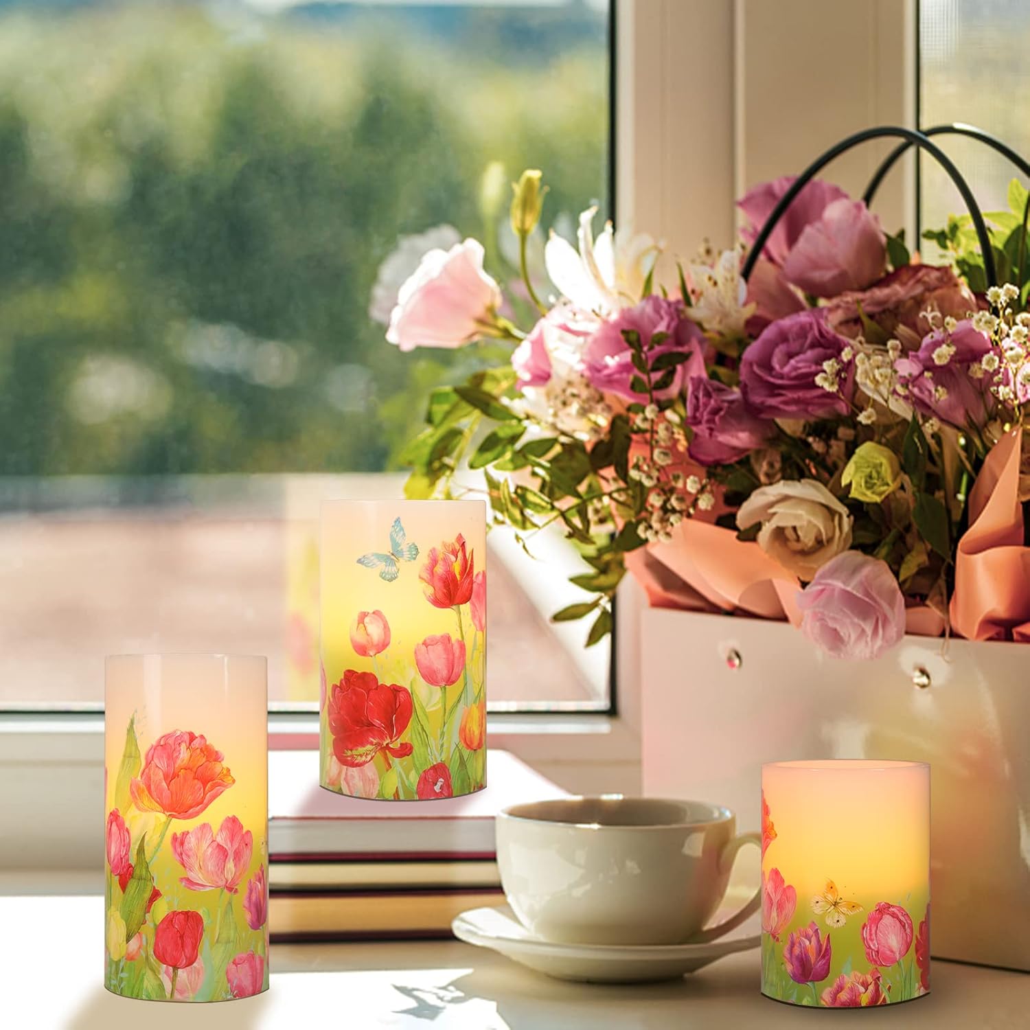 MELTONE Tulip Flameless Candles Flickering Real Wax LED Candles with Remote - Home Party Wedding Ocean Room Holiday Summer Decor - Set of 3