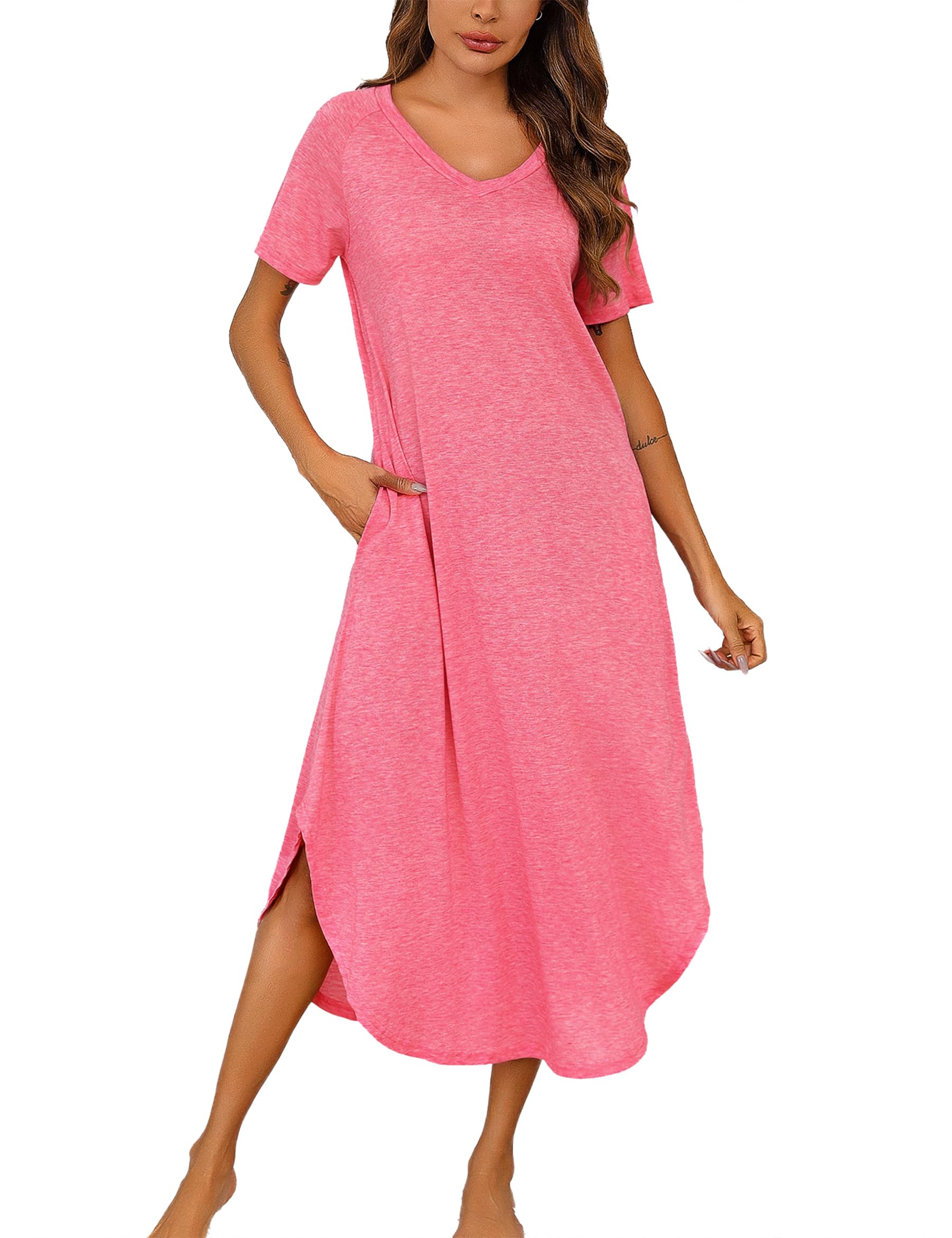 Nieery Nachthemd Damen Lang Baumwolle V-Ausschnitt Sommer Große Größen Kurze Ärmel Lose Schlafshirt Nachtkleid Lässig Nachtwäsche mit Taschen S-3XL