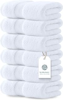 WhiteClassic Luxury 100% Turkish Cotton Hand Towels Set of 6 - 16x30 Inch Soft Highly Absorbent Hotel Spa Quality White